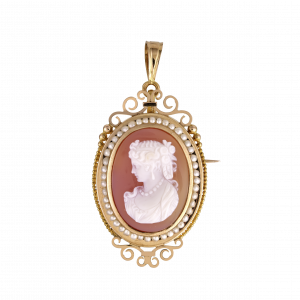 Broche pendentif camée dur et perles fines fin XIXe