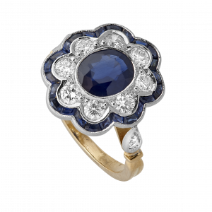 Bague festonnée saphir, calibrés et brillants style Art Déco
