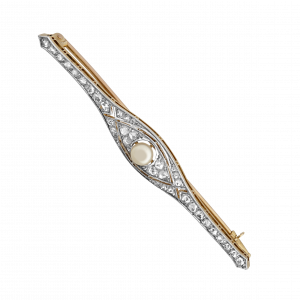 Broche barrette perle fine et diamants taille rose fin XIXe