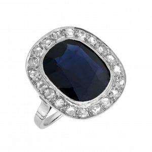 Bague coussin saphir et diamants taille rose vers 1920