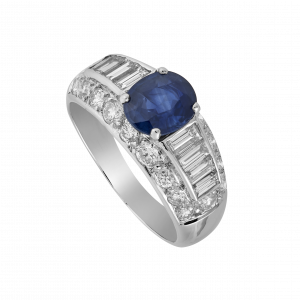 Bague jonc diamants baguettes et saphir