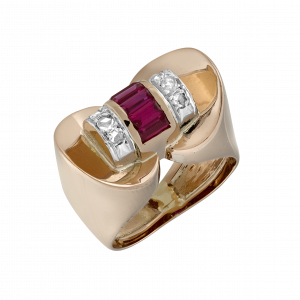 Bague Tank rubis synthèse et diamants roses vers 1940