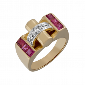 Bague Tank rouleau rubis synthèse et diamants vers 1940