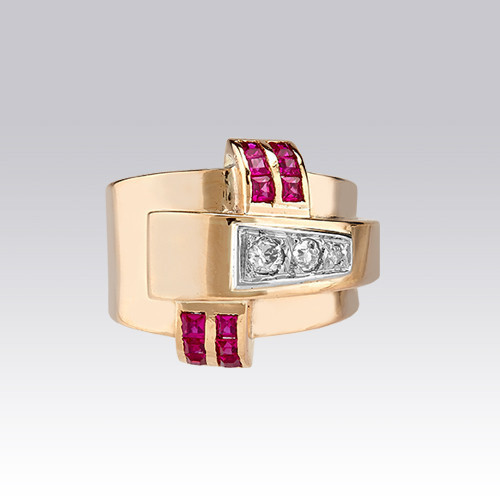 Bague Tank rubis et diamants vers 1940 Gerphagnon