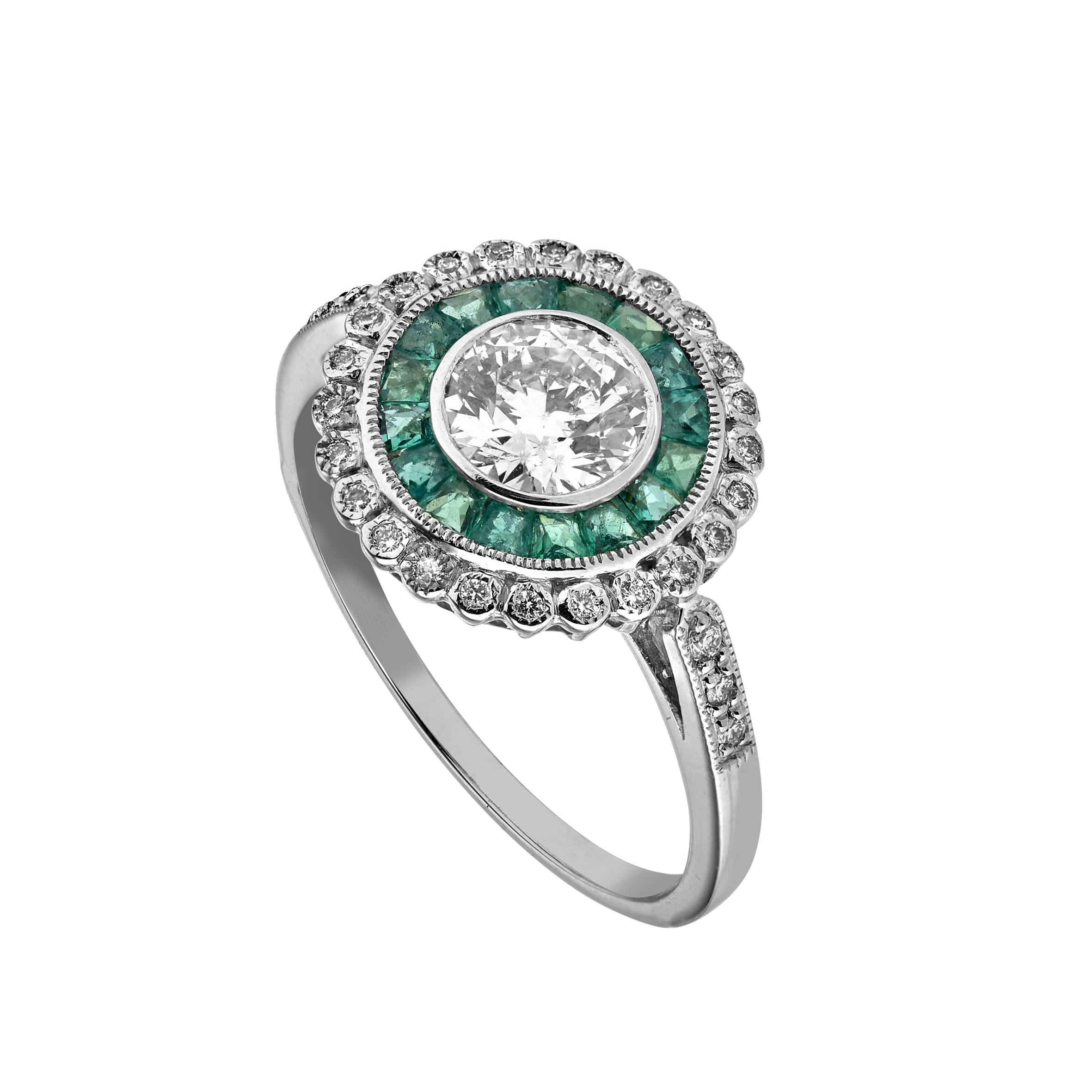 Bague style Art déco diamants et émeraudes calibrées Gerphagnon