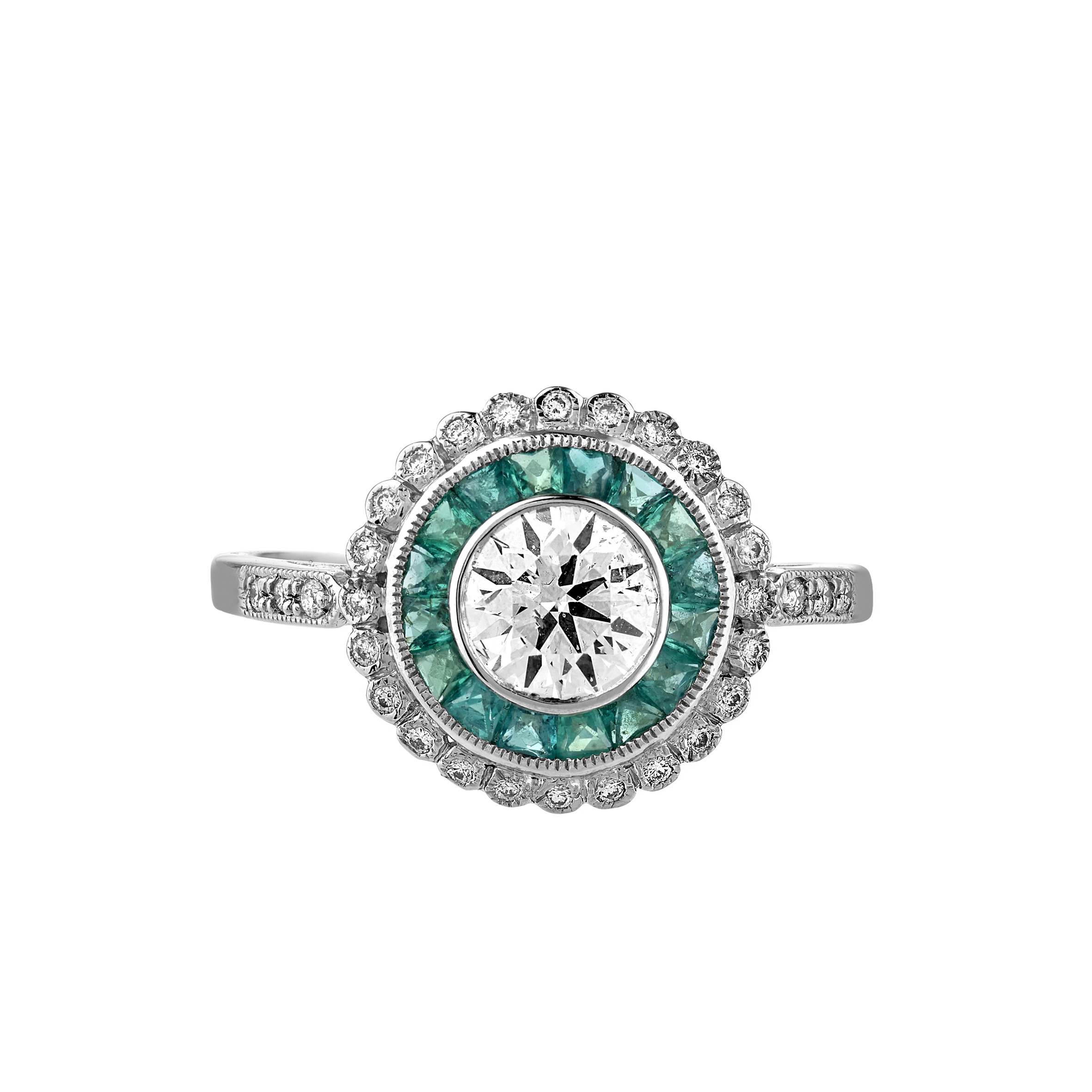 Bague style Art déco diamants et émeraudes calibrées Gerphagnon