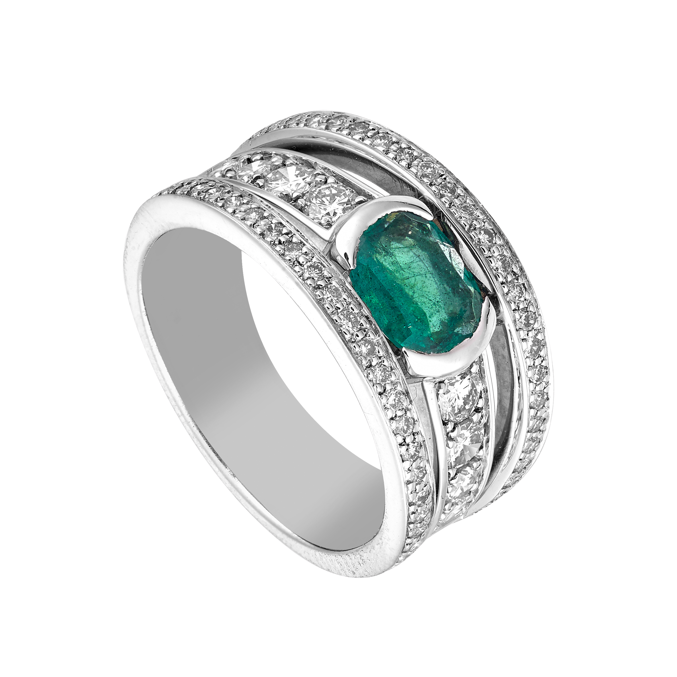 Bague jonc ajouré émeraude et diamants Gerphagnon