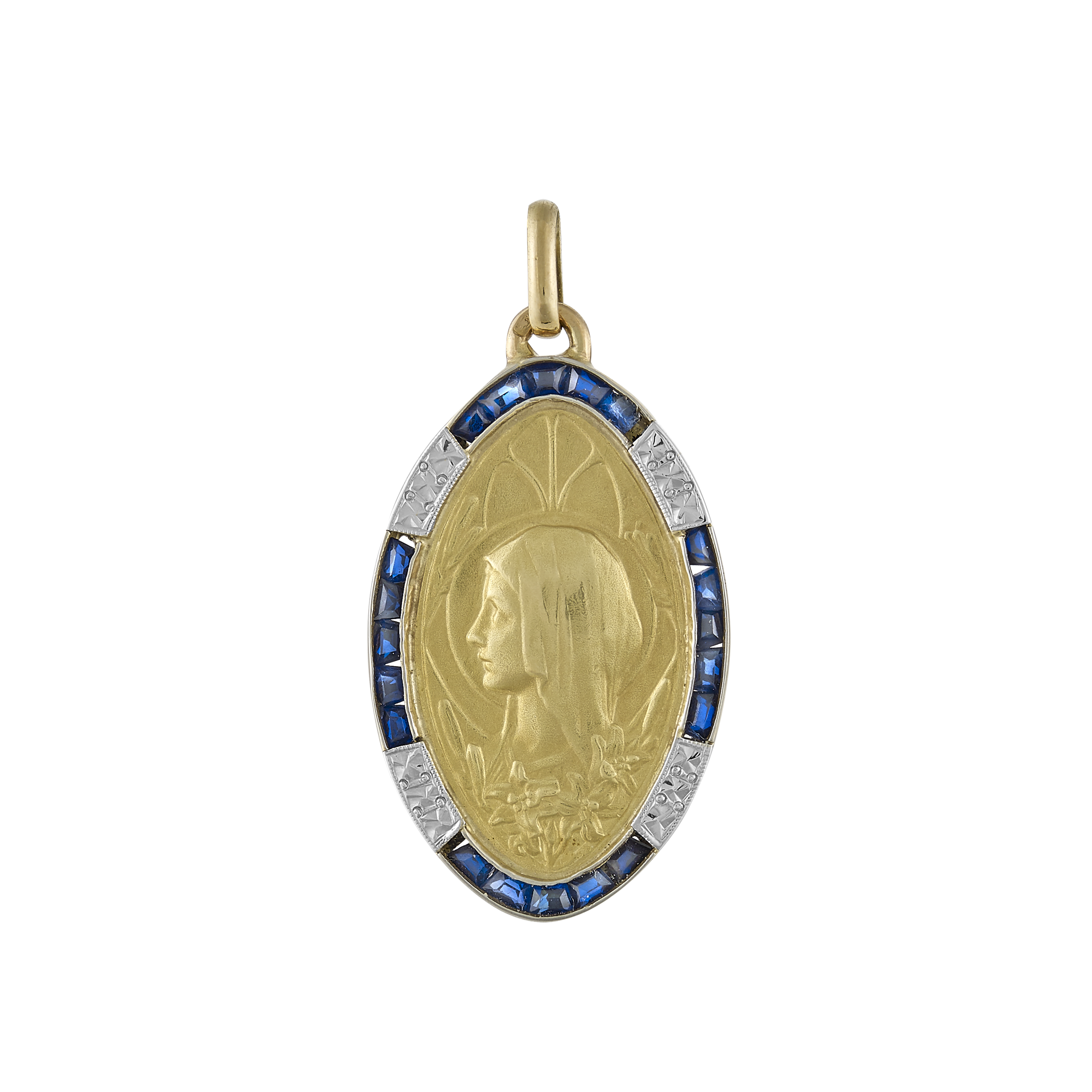 Médaille ovale pointu Vierge saphirs calibrés vers 1925 Gerphagnon