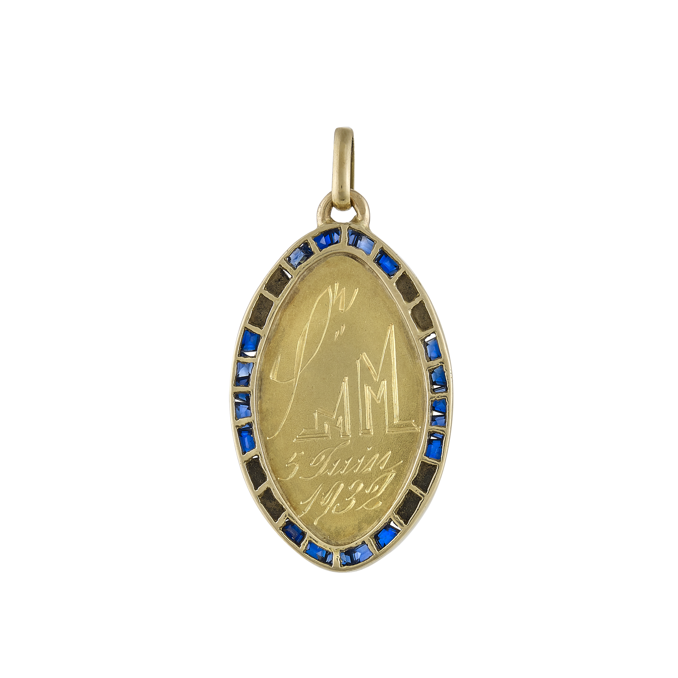 Médaille ovale pointu Vierge saphirs calibrés vers 1925 Gerphagnon