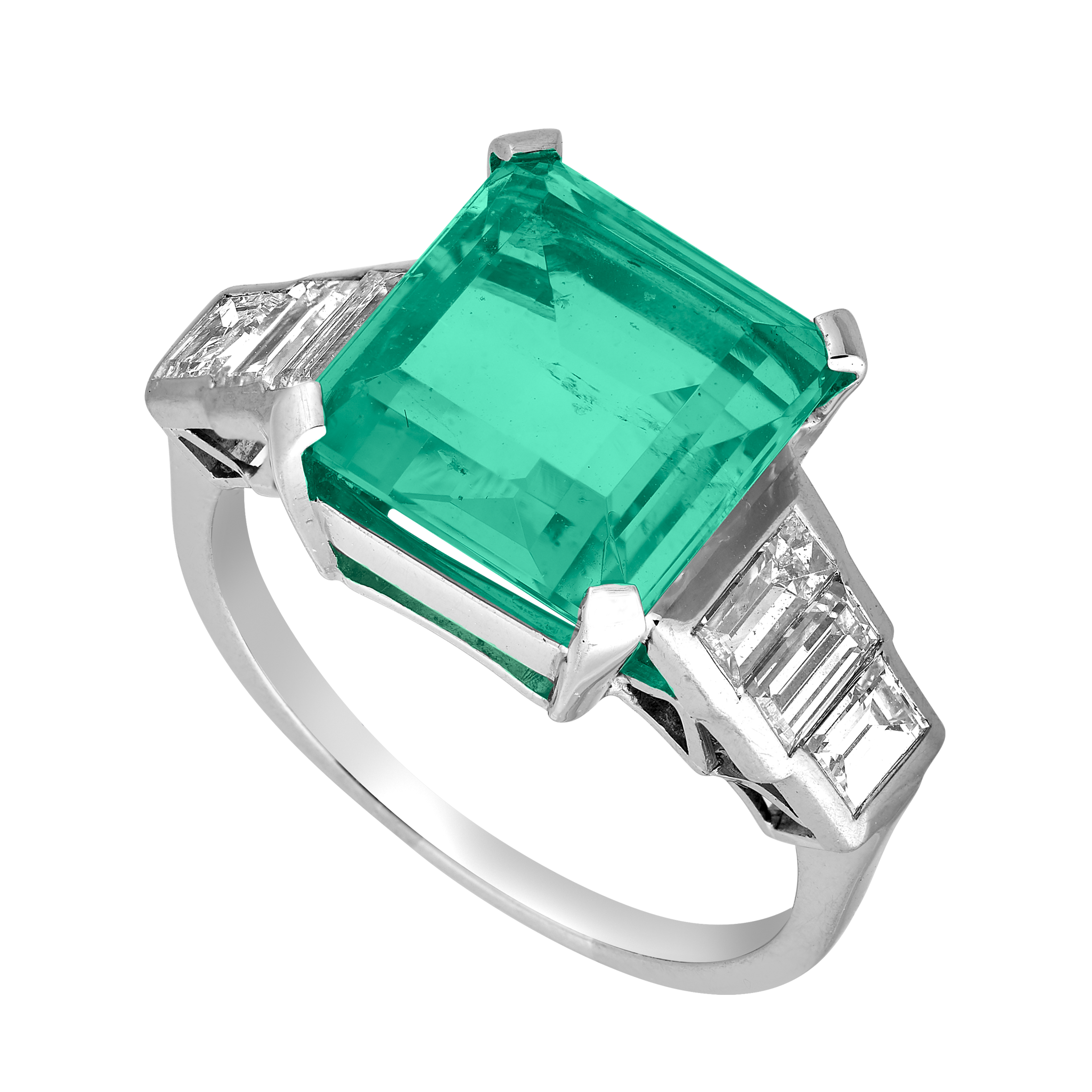 Bague platine émeraude Colombie 5,21 carats et diamants baguettes Gerphagnon