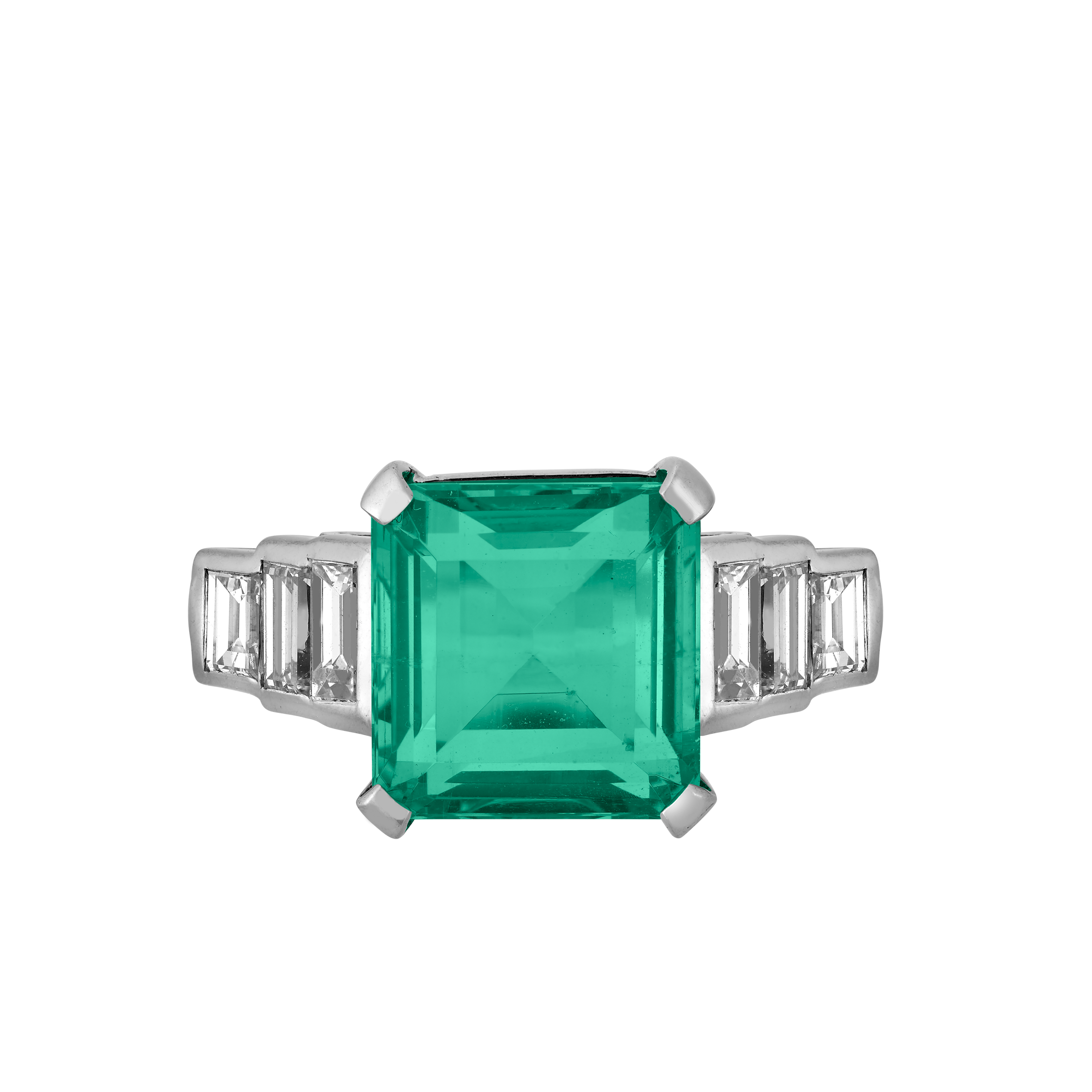 Bague platine émeraude Colombie 5,21 carats et diamants baguettes Gerphagnon
