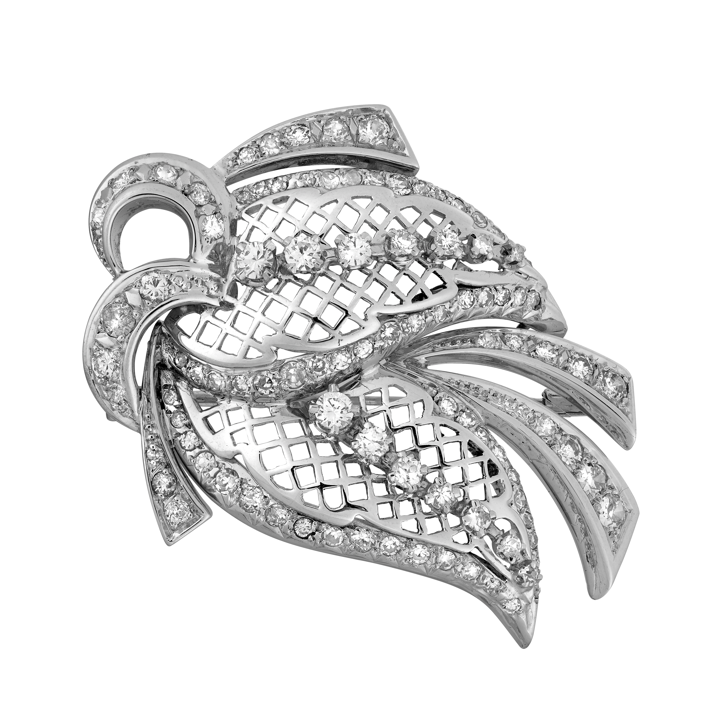 Broche feuillage ajouré diamants vers 1950 Gerphagnon