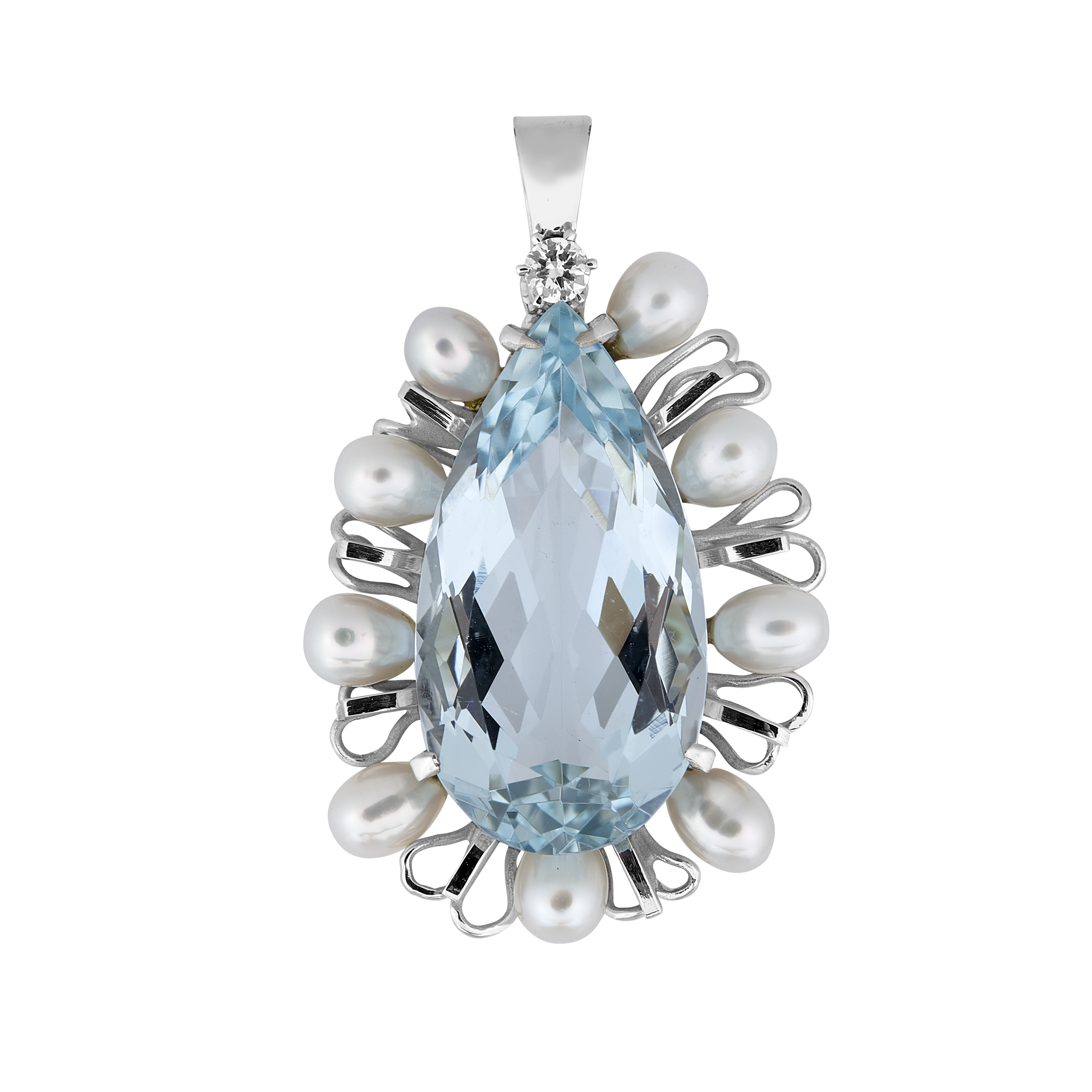 Pendentif poire aigue-marine certifiée perles et brillant vers 1970 Gerphagnon
