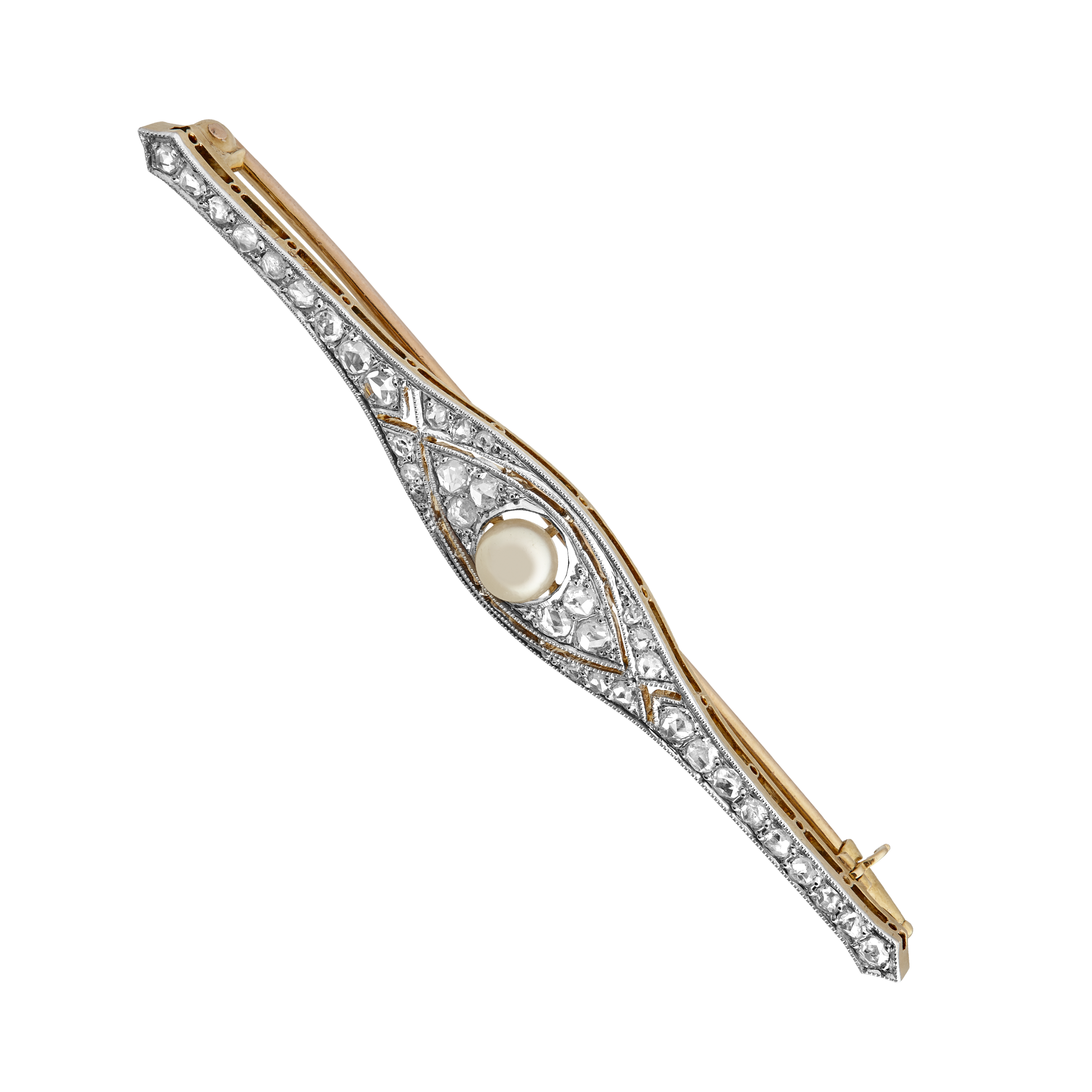 Broche barrette perle fine et diamants taille rose fin XIXe Gerphagnon