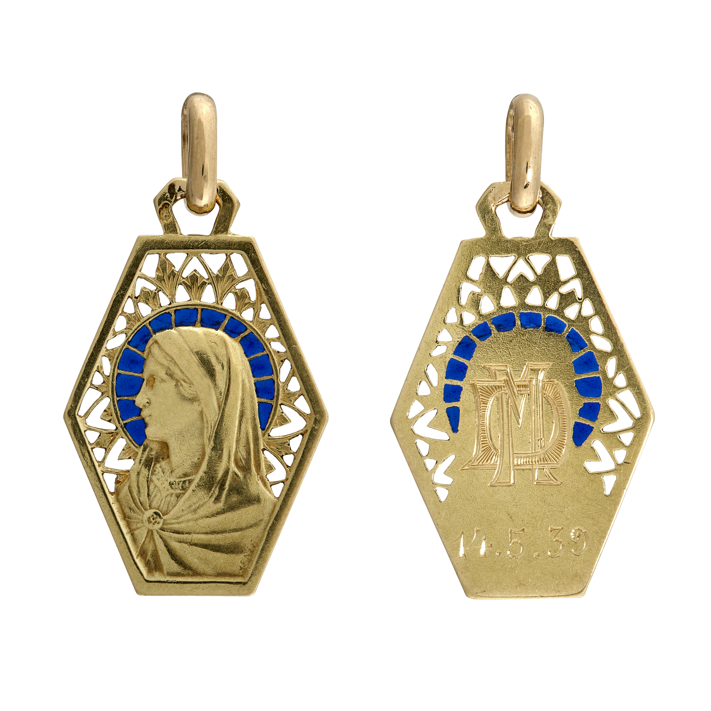 Médaille  Vierge hexagonale émaillée Art Déco signée JENER Gerphagnon