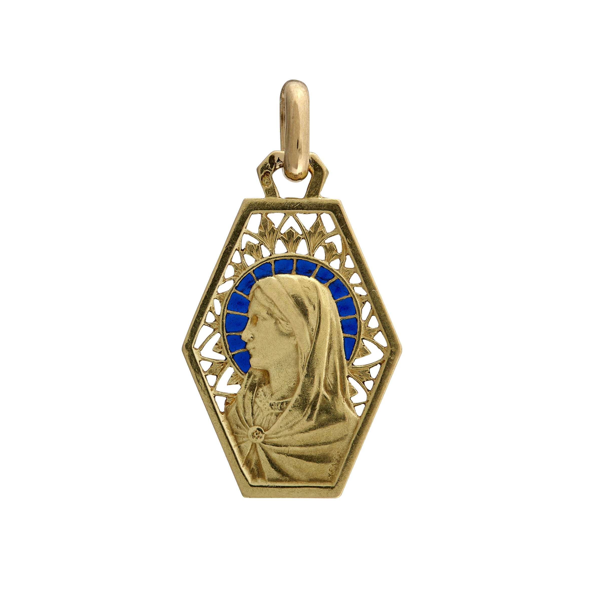 Médaille  Vierge hexagonale émaillée Art Déco signée JENER Gerphagnon