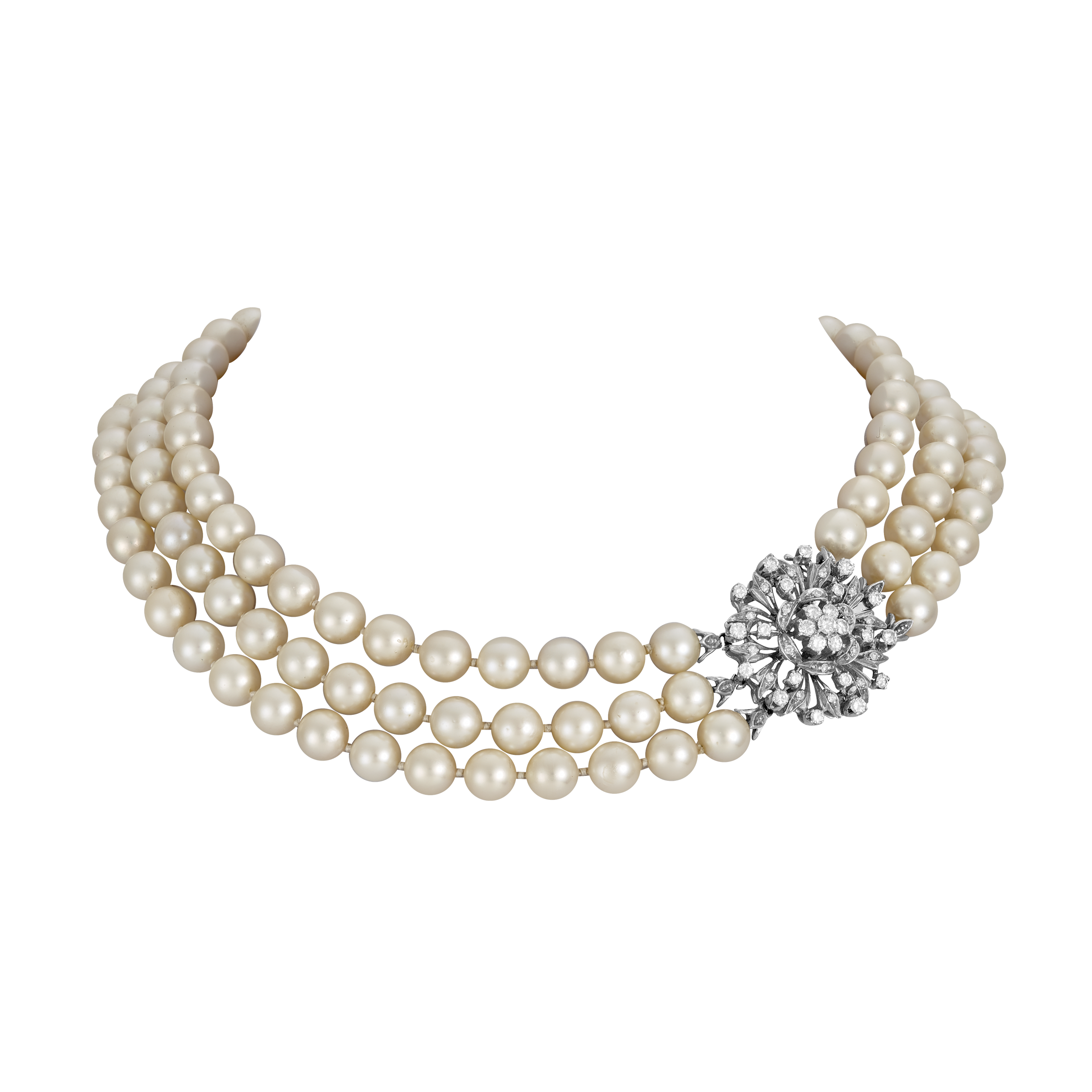 Collier de perles 3 rangs et fermoir diamants Gerphagnon
