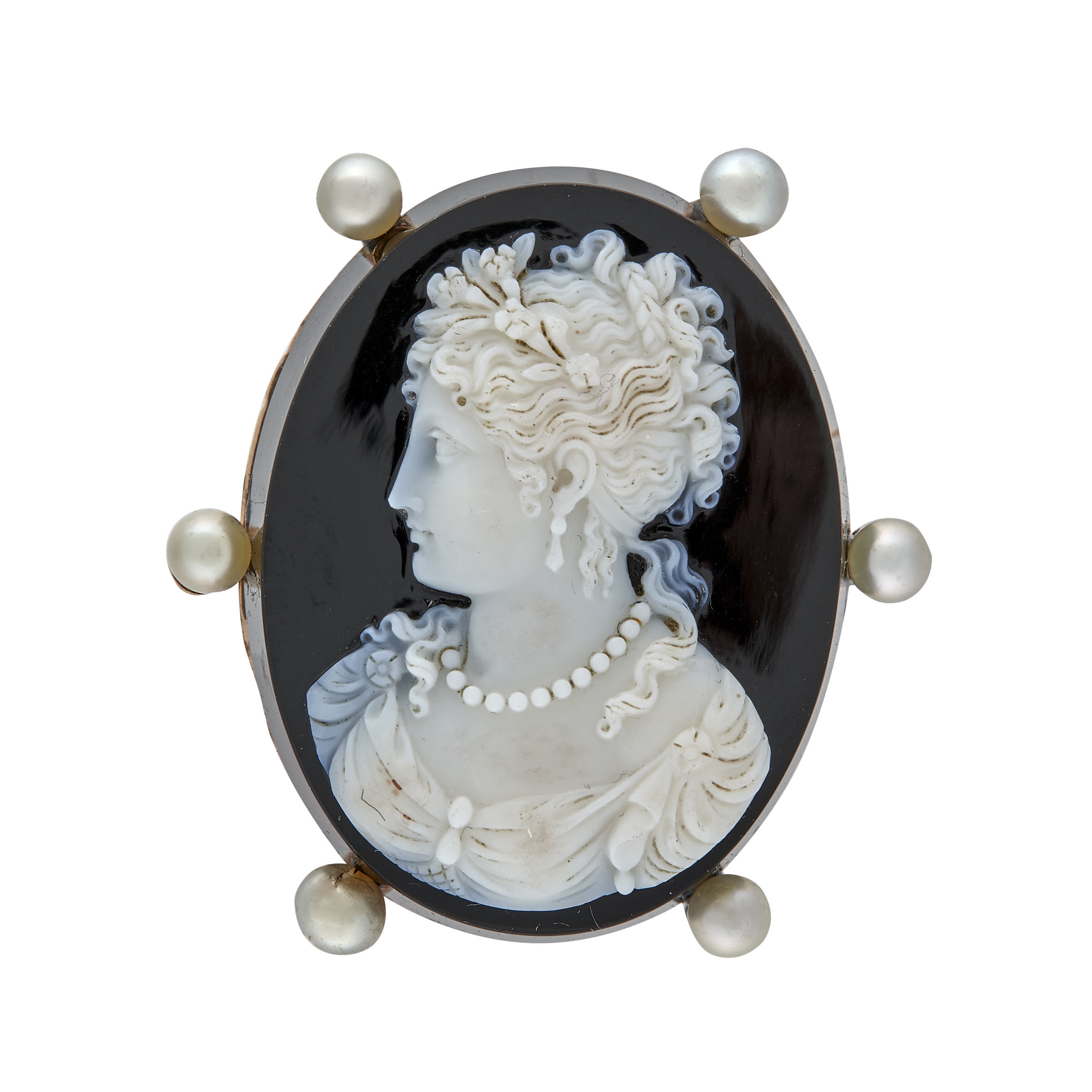 Broche camée dur et perles fines vers 1870 Gerphagnon