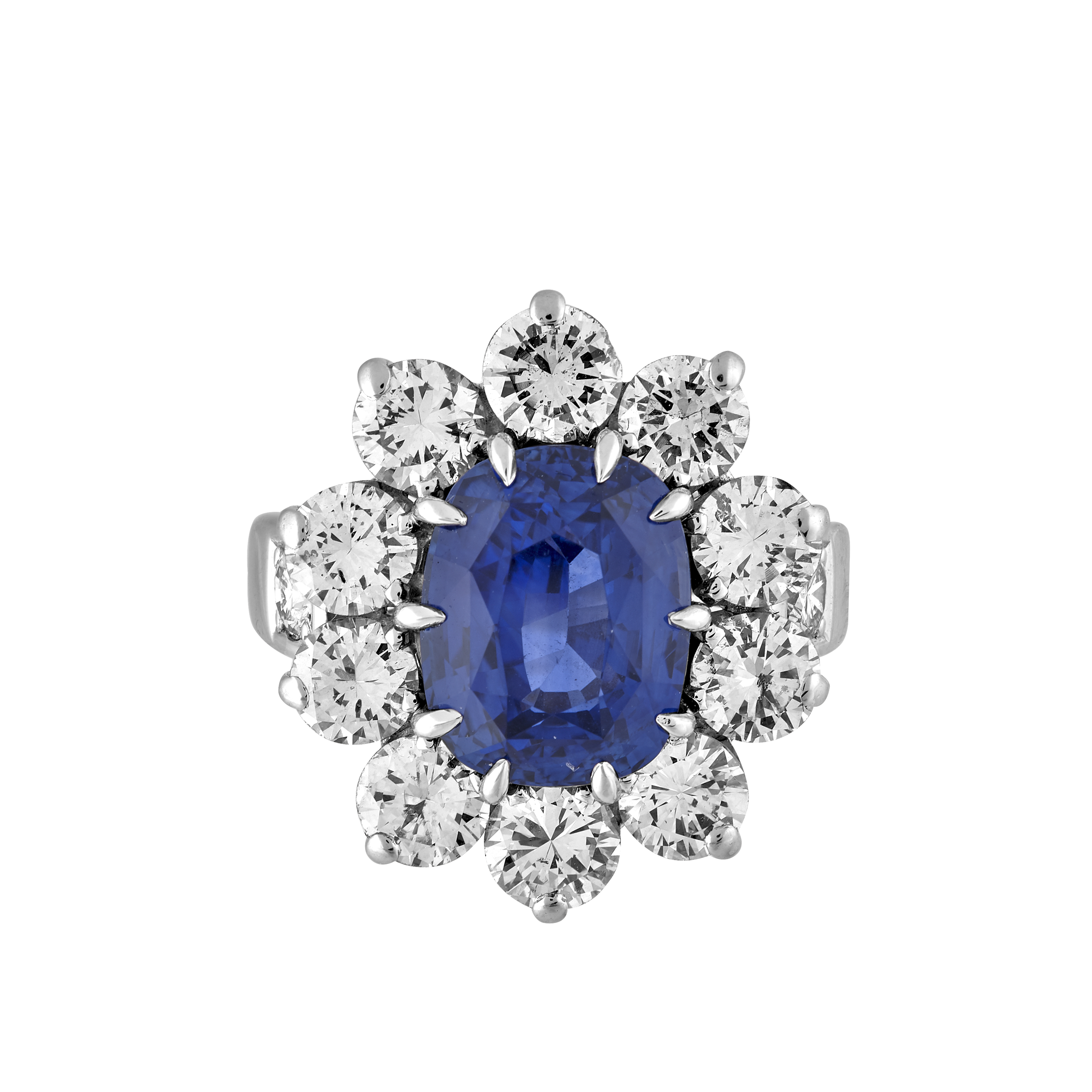 Bague entourage saphir coussin certifié 5,59 carats et brillants 3,50 carats Gerphagnon