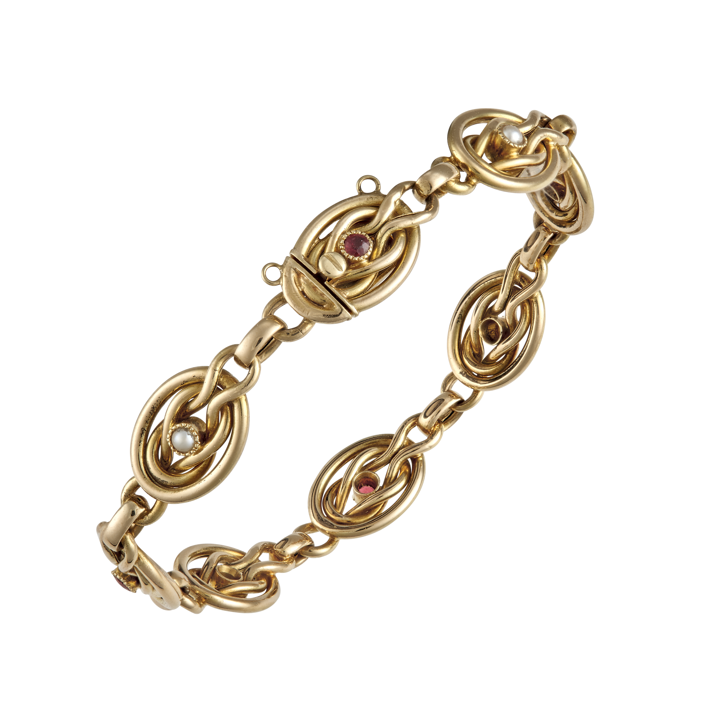 Bracelet maillons ovales rubis et demi perles fines vers 1900 Gerphagnon