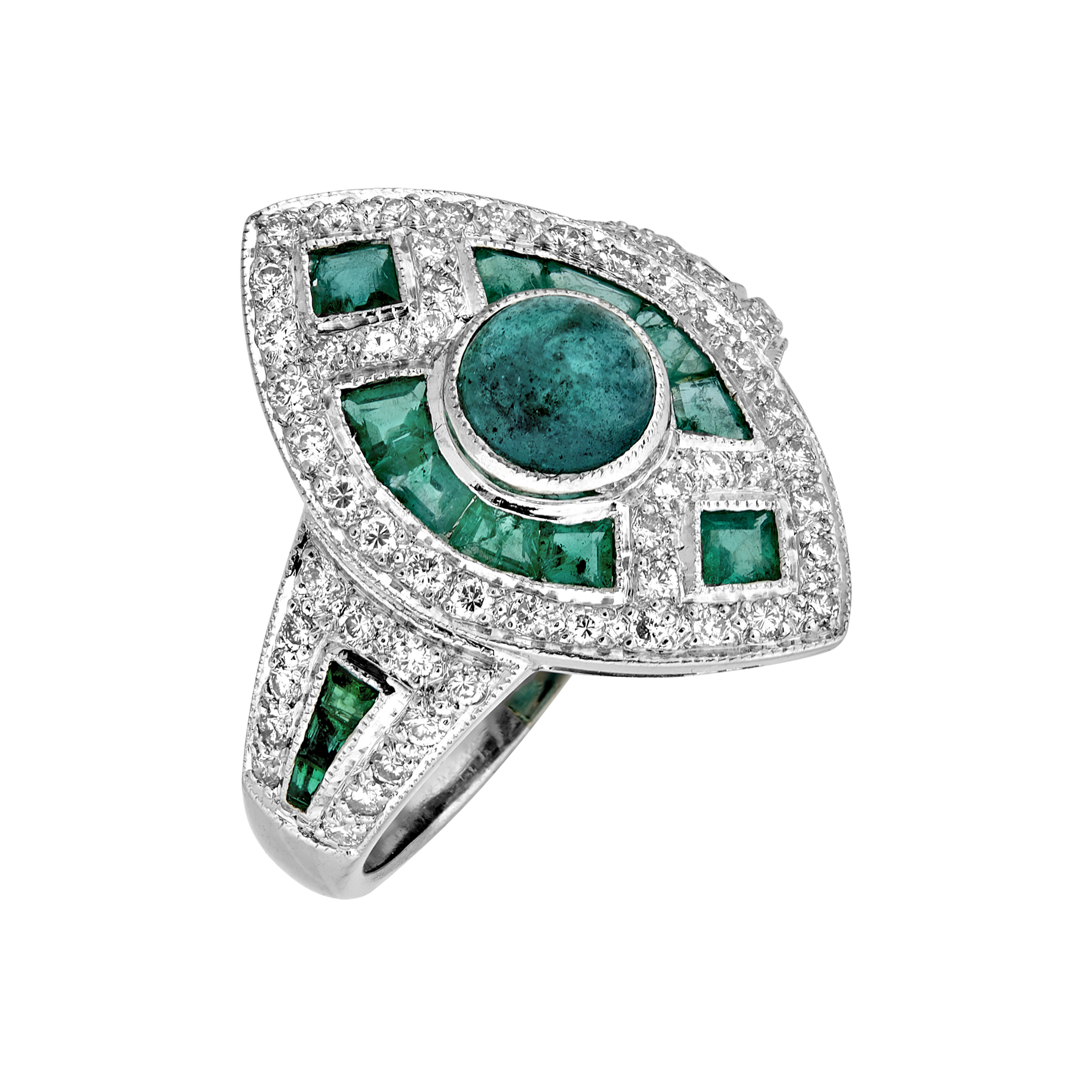 Bague losange émeraudes et diamants style Art Déco Gerphagnon