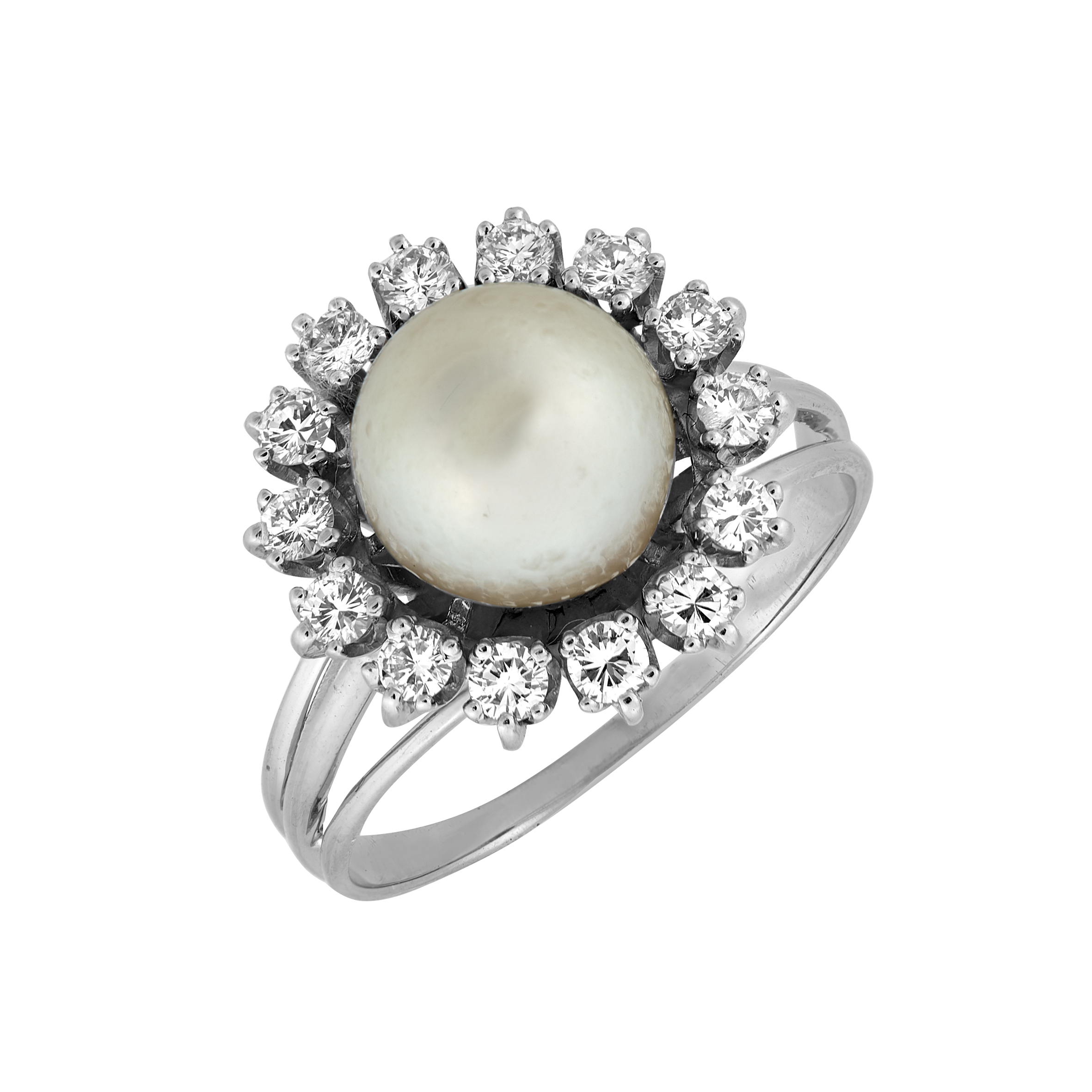 Bague Perle 9,20 mm entourage brillants vers 1950 Gerphagnon