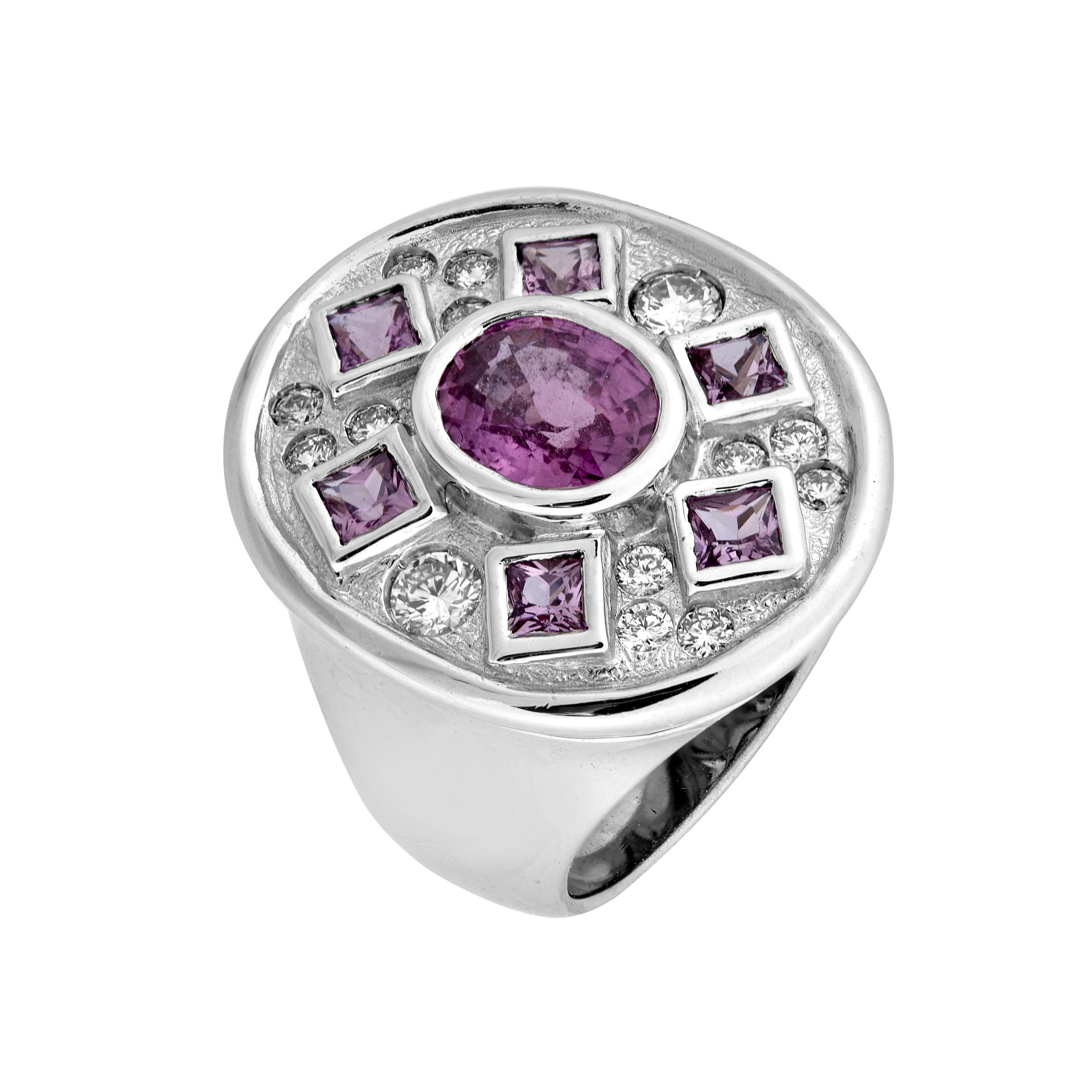 Bague "chevalière" saphirs roses et diamants Gerphagnon