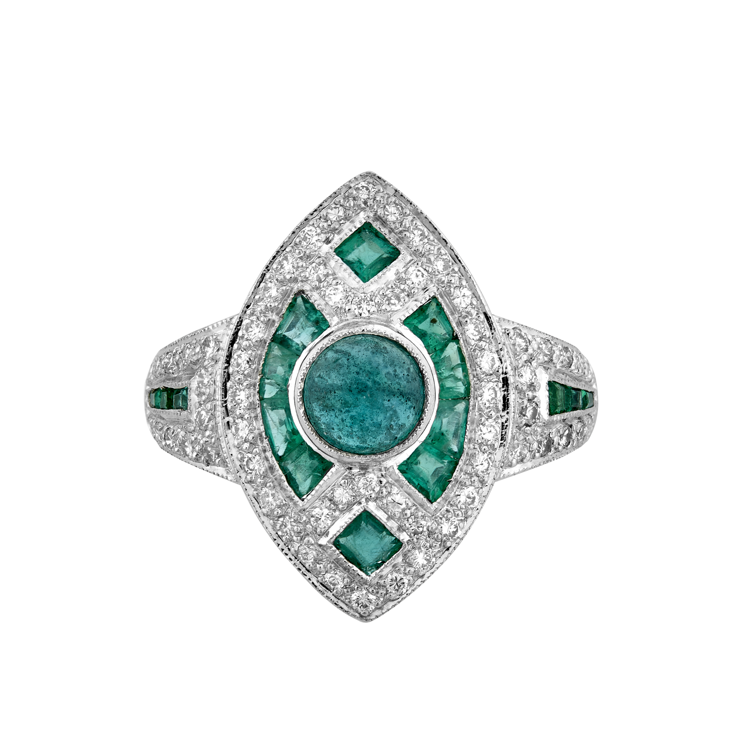 Bague losange émeraudes et diamants style Art Déco Gerphagnon