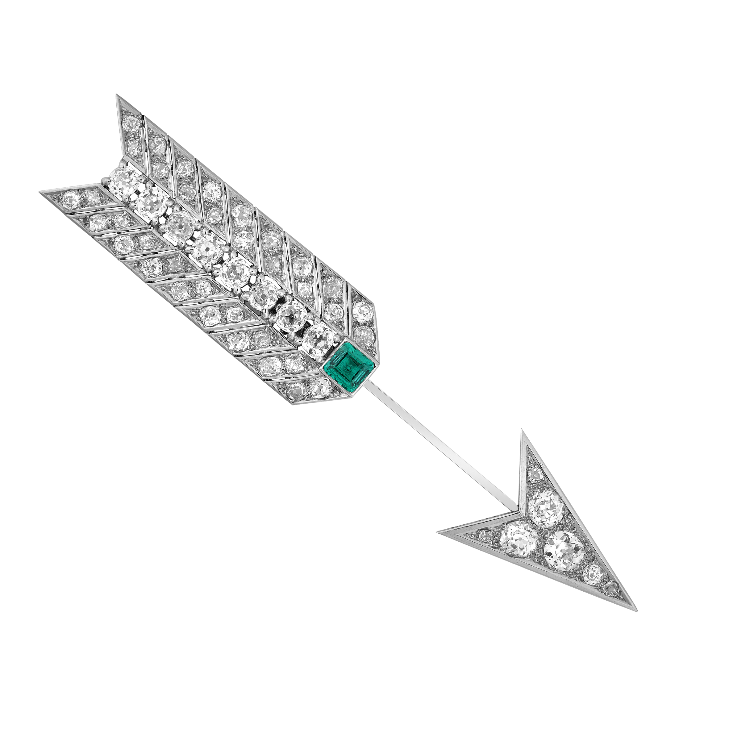 Epingle de jabot "Flèche de Cupidon" diamants et émeraude vers 1930 Gerphagnon