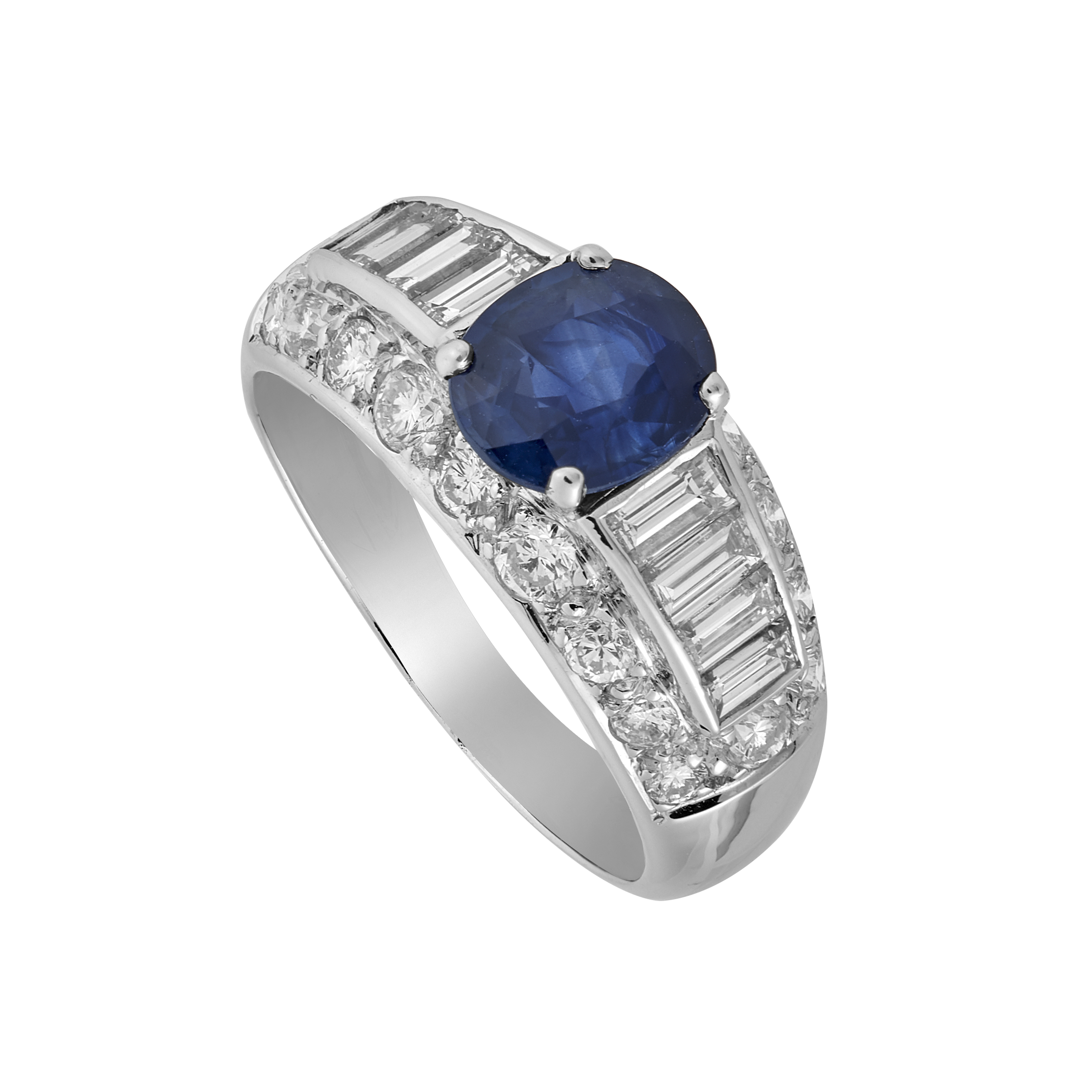 Bague jonc diamants baguettes et saphir Gerphagnon