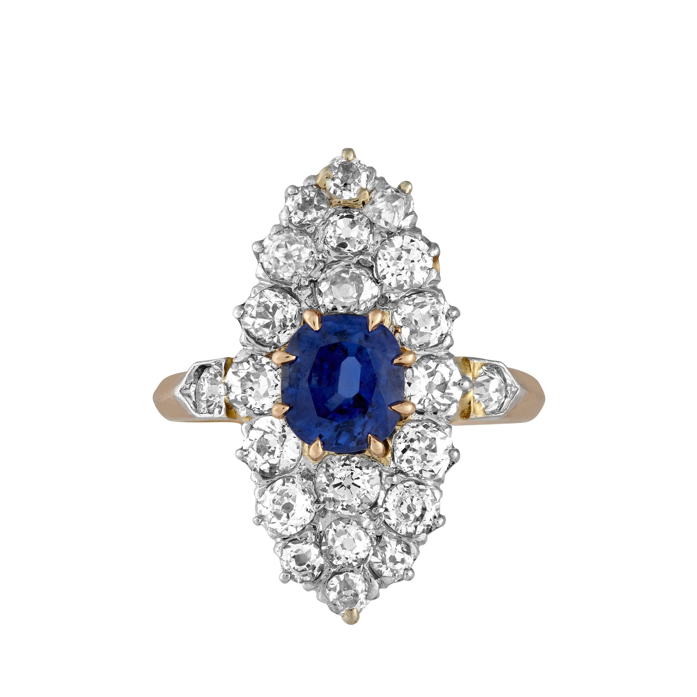 Bague Marquise saphir et diamants fin XIXe Gerphagnon