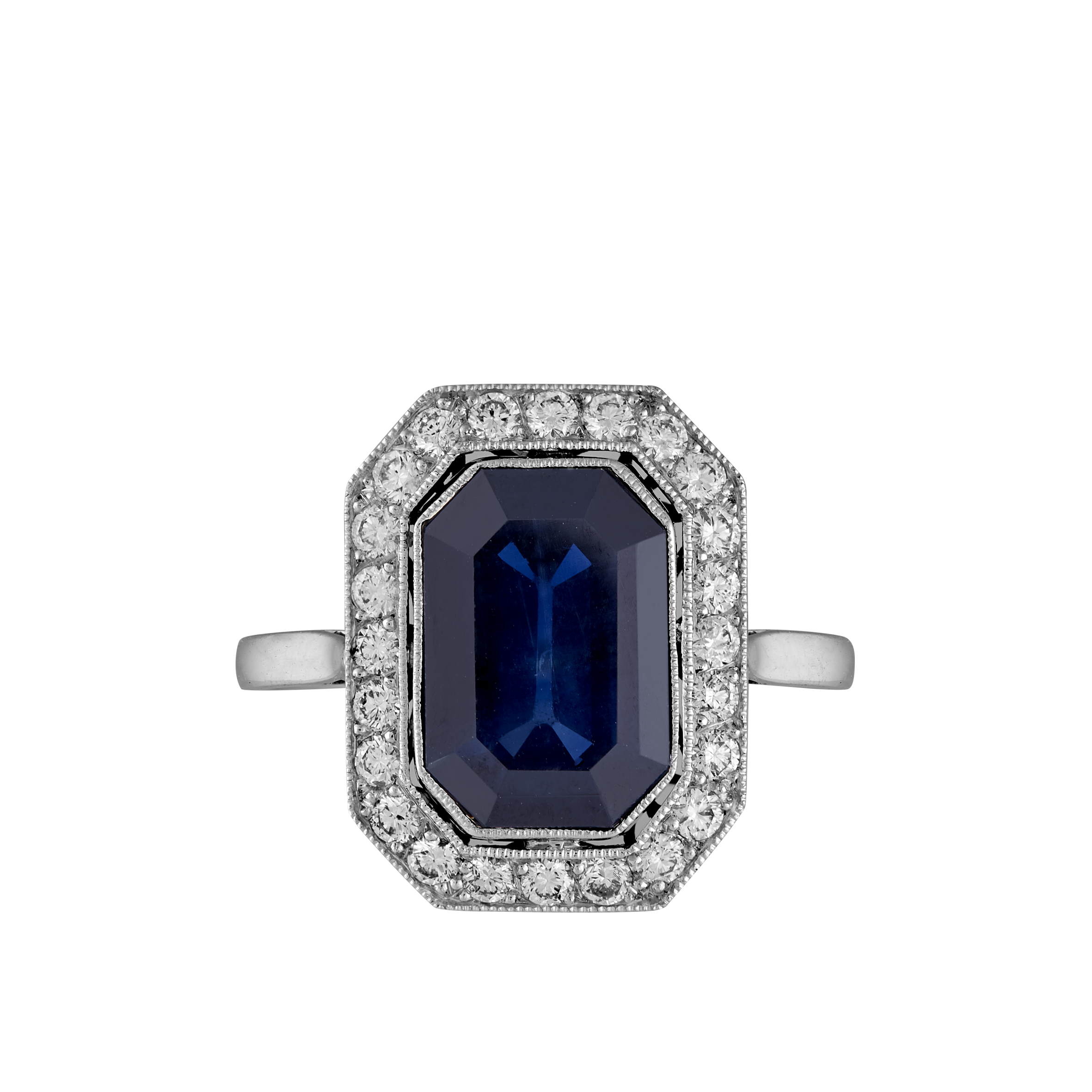 Bague rectangle pans coupés saphir certifié et diamants vers 1920 Gerphagnon