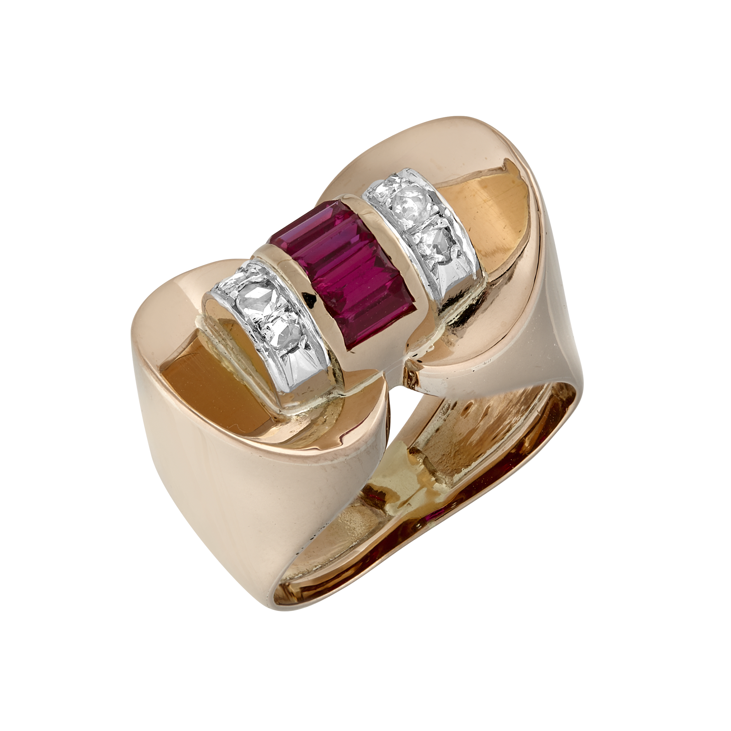 Bague Tank rubis synthèse et diamants roses vers 1940 Gerphagnon