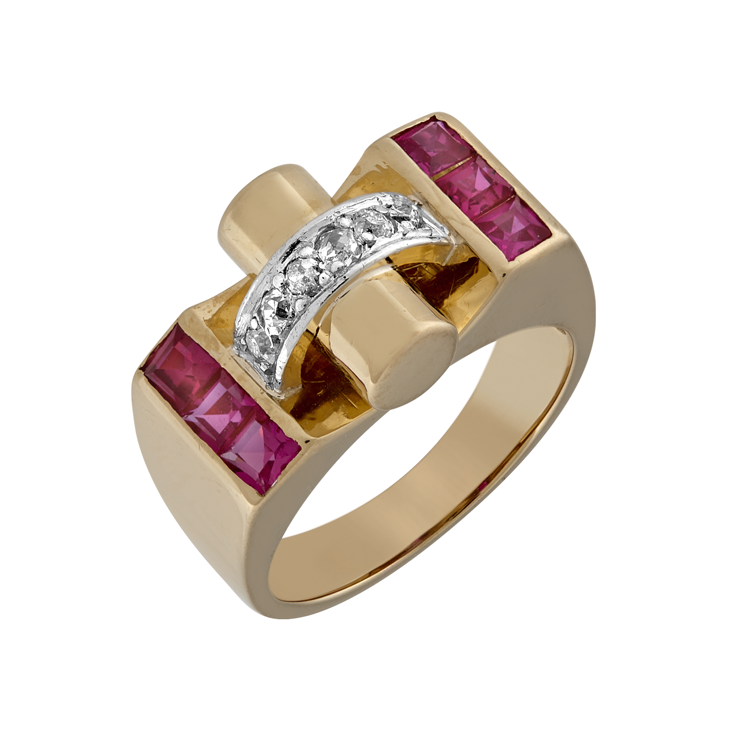 Bague Tank rouleau rubis synthèse et diamants vers 1940 Gerphagnon