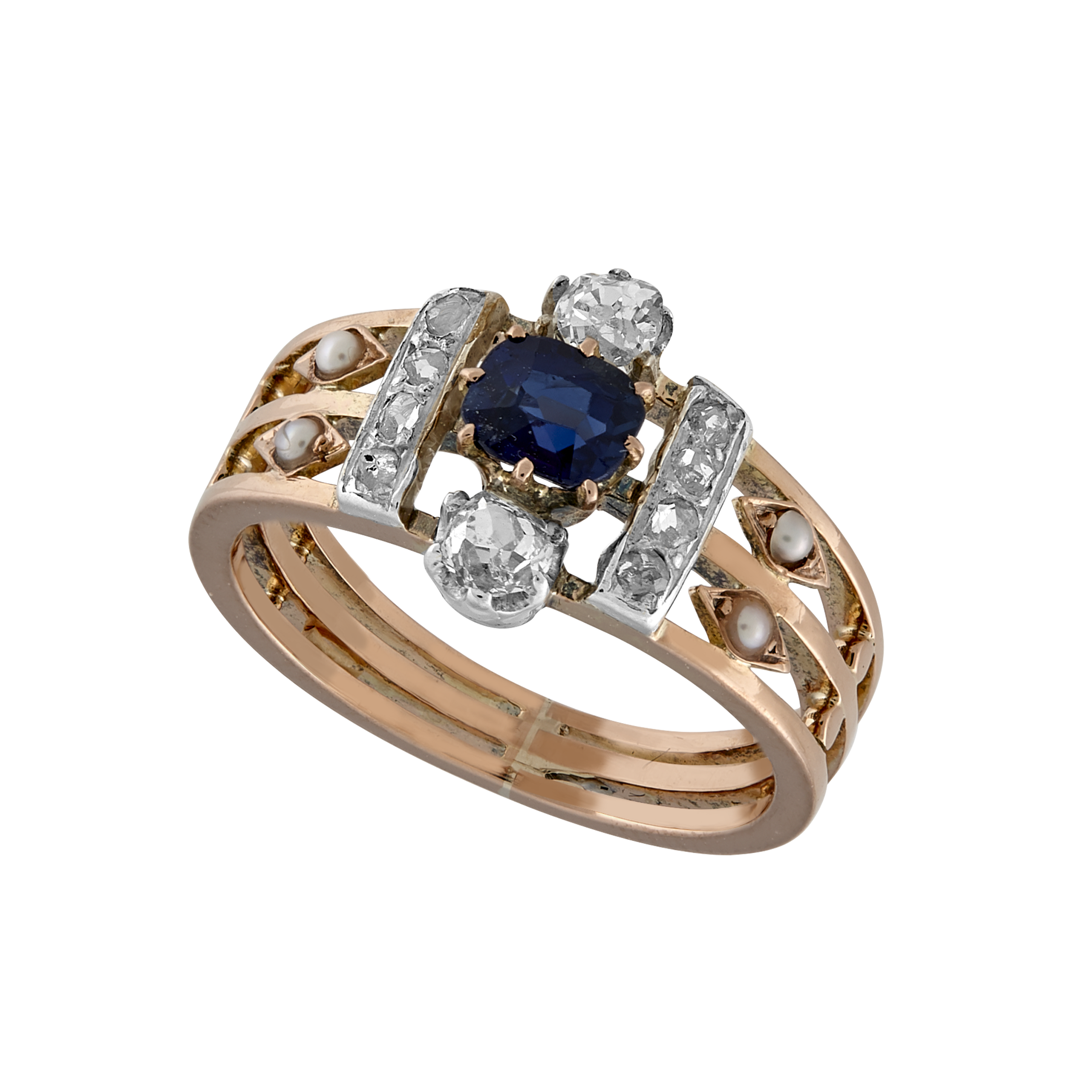 Bague saphir, diamants et demi-perles fines vers 1860 Gerphagnon