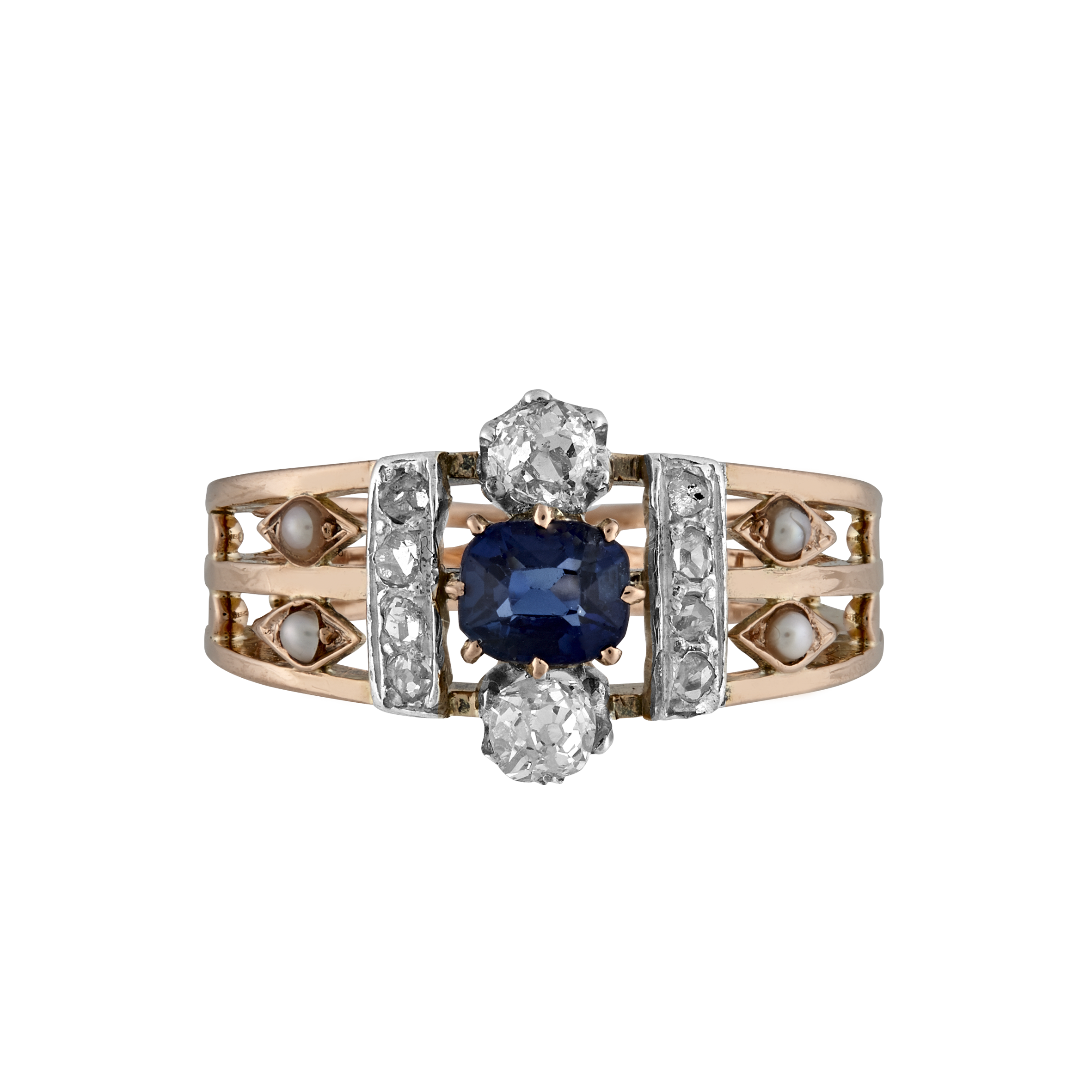 Bague saphir, diamants et demi-perles fines vers 1860 Gerphagnon