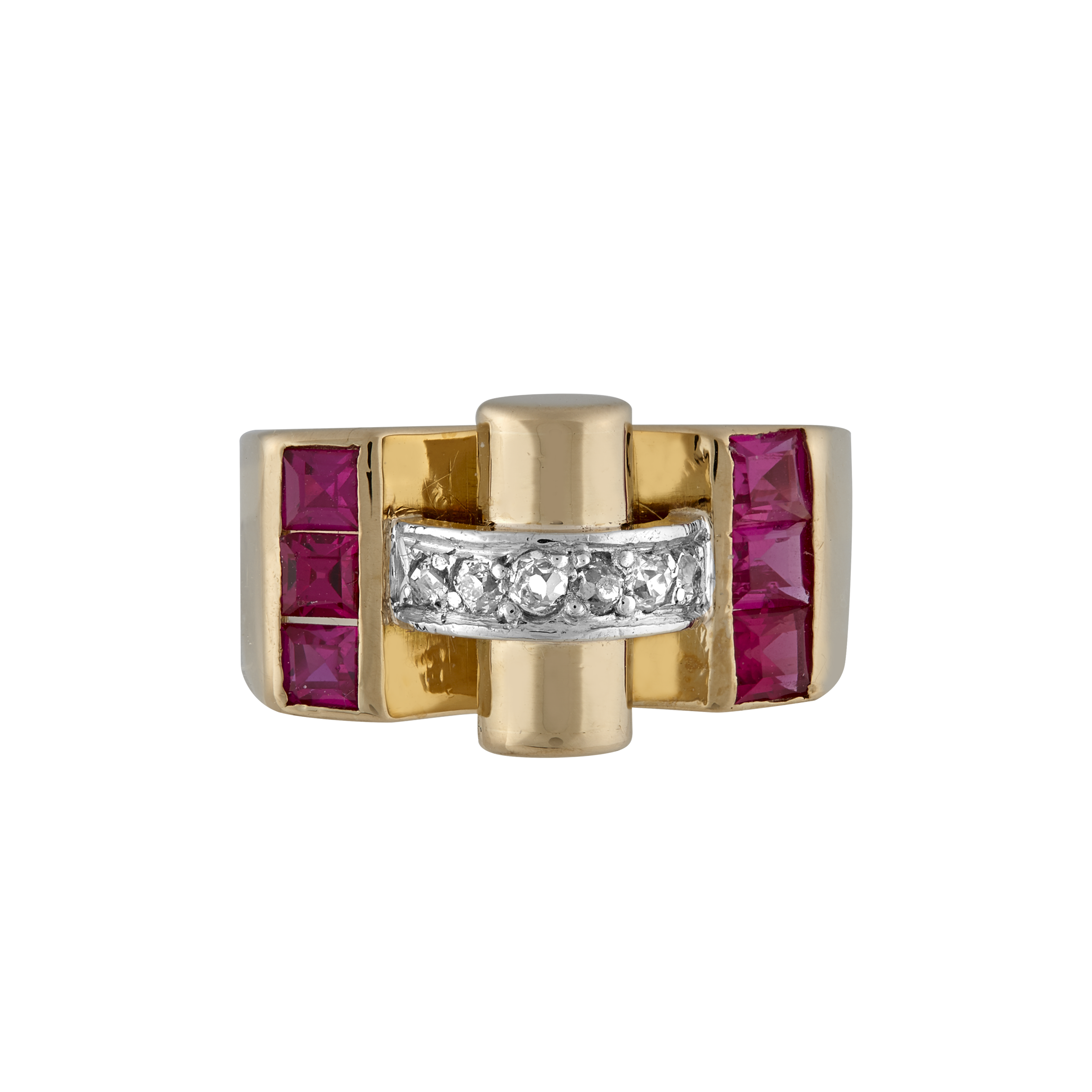 Bague Tank rouleau rubis synthèse et diamants vers 1940 Gerphagnon