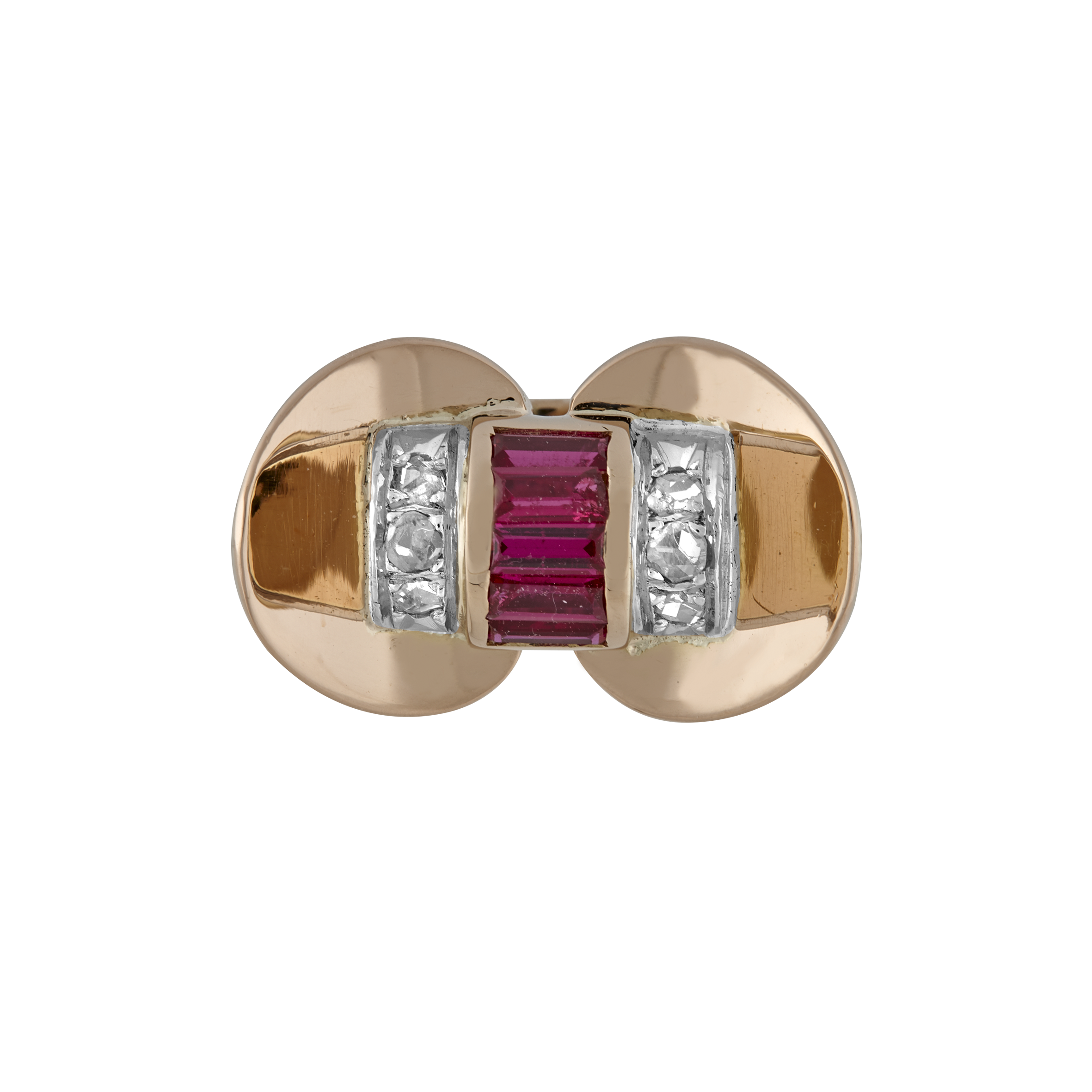 Bague Tank rubis synthèse et diamants roses vers 1940 Gerphagnon