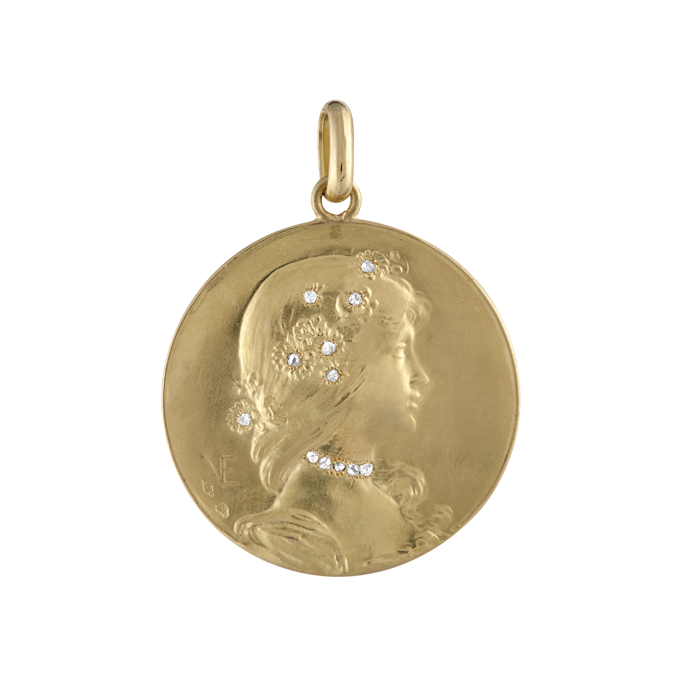 Médaille profil de femme diamants vers 1900 Gerphagnon