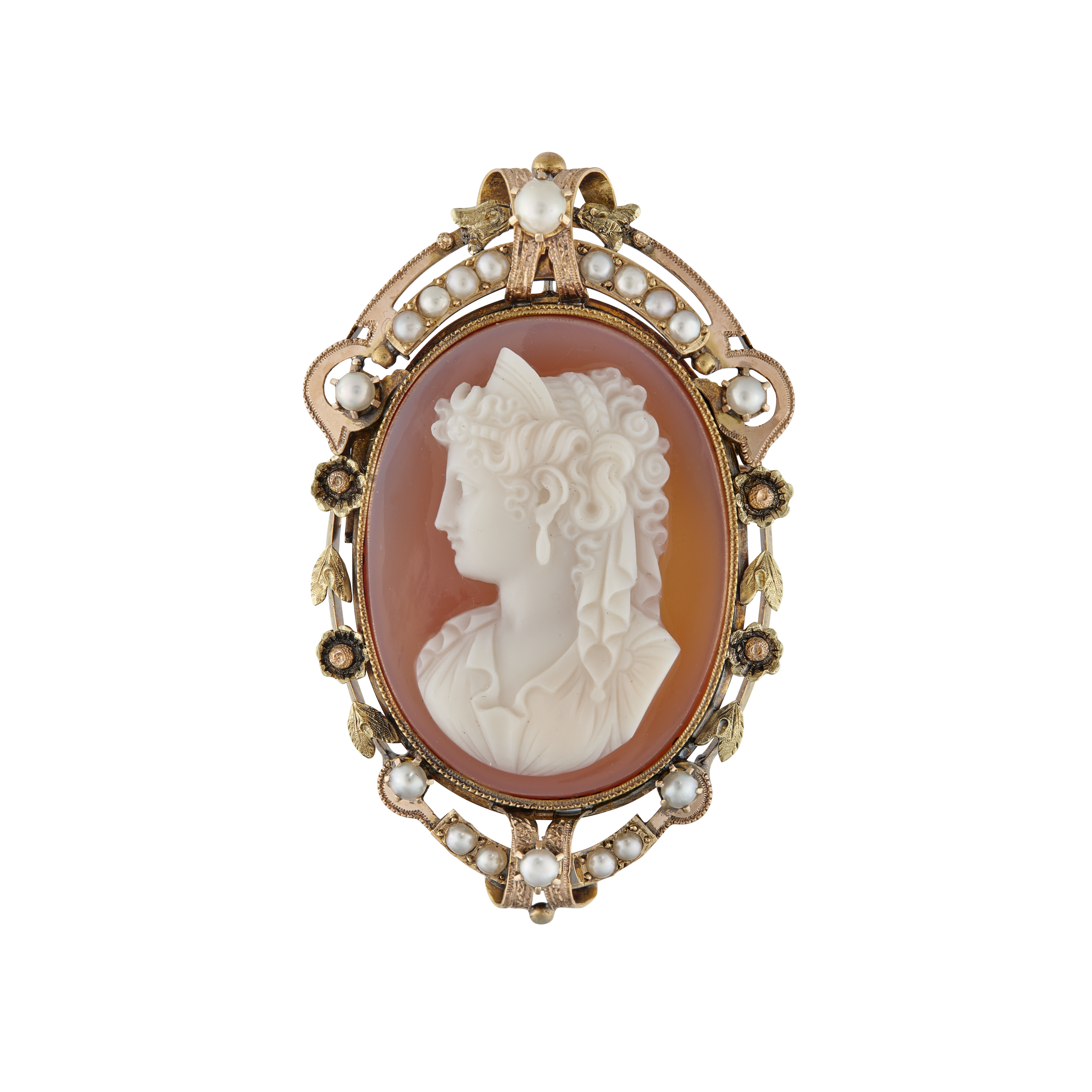 Broche camée dur cornaline et demi perles fines vers 1870 Gerphagnon
