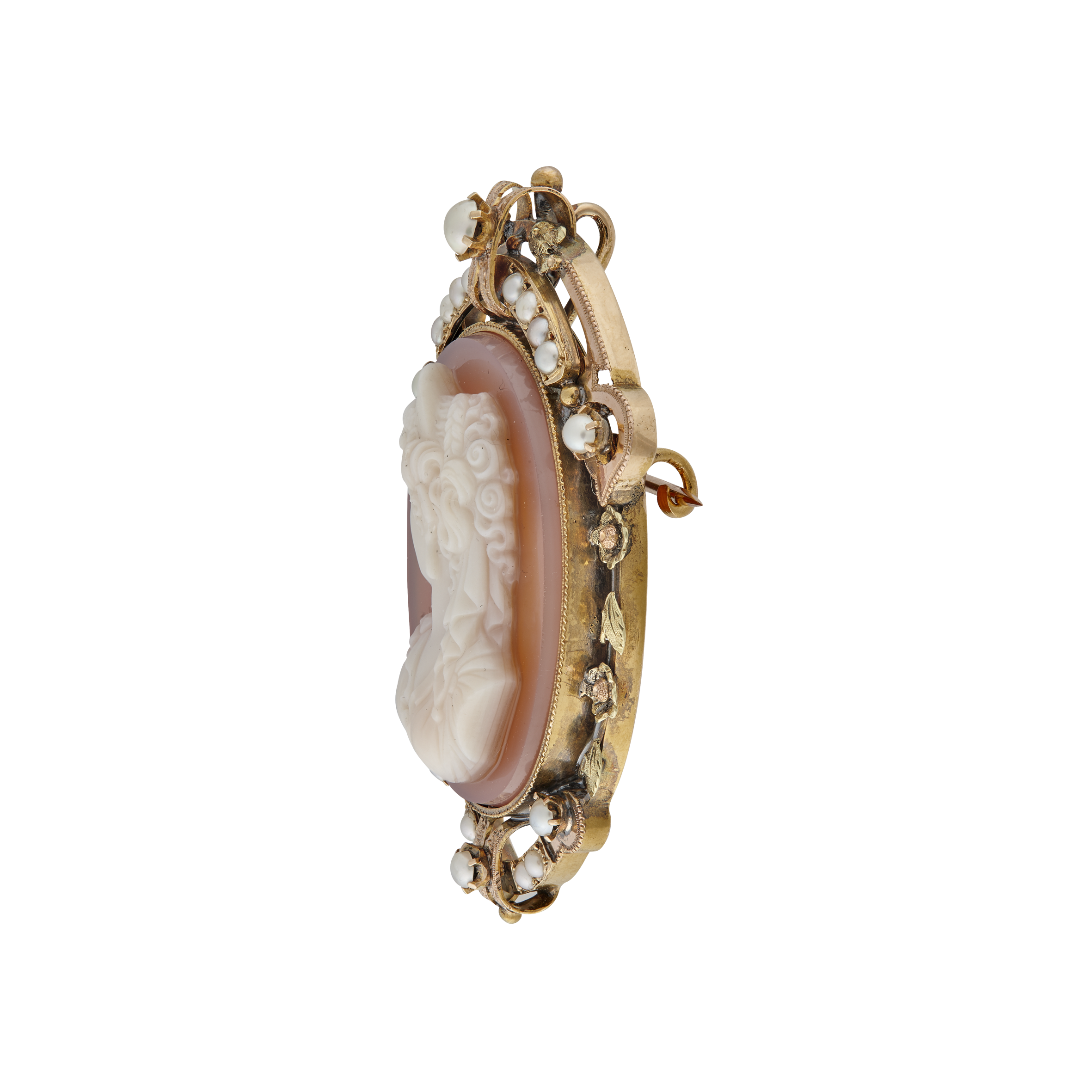 Broche camée dur cornaline et demi perles fines vers 1870 Gerphagnon