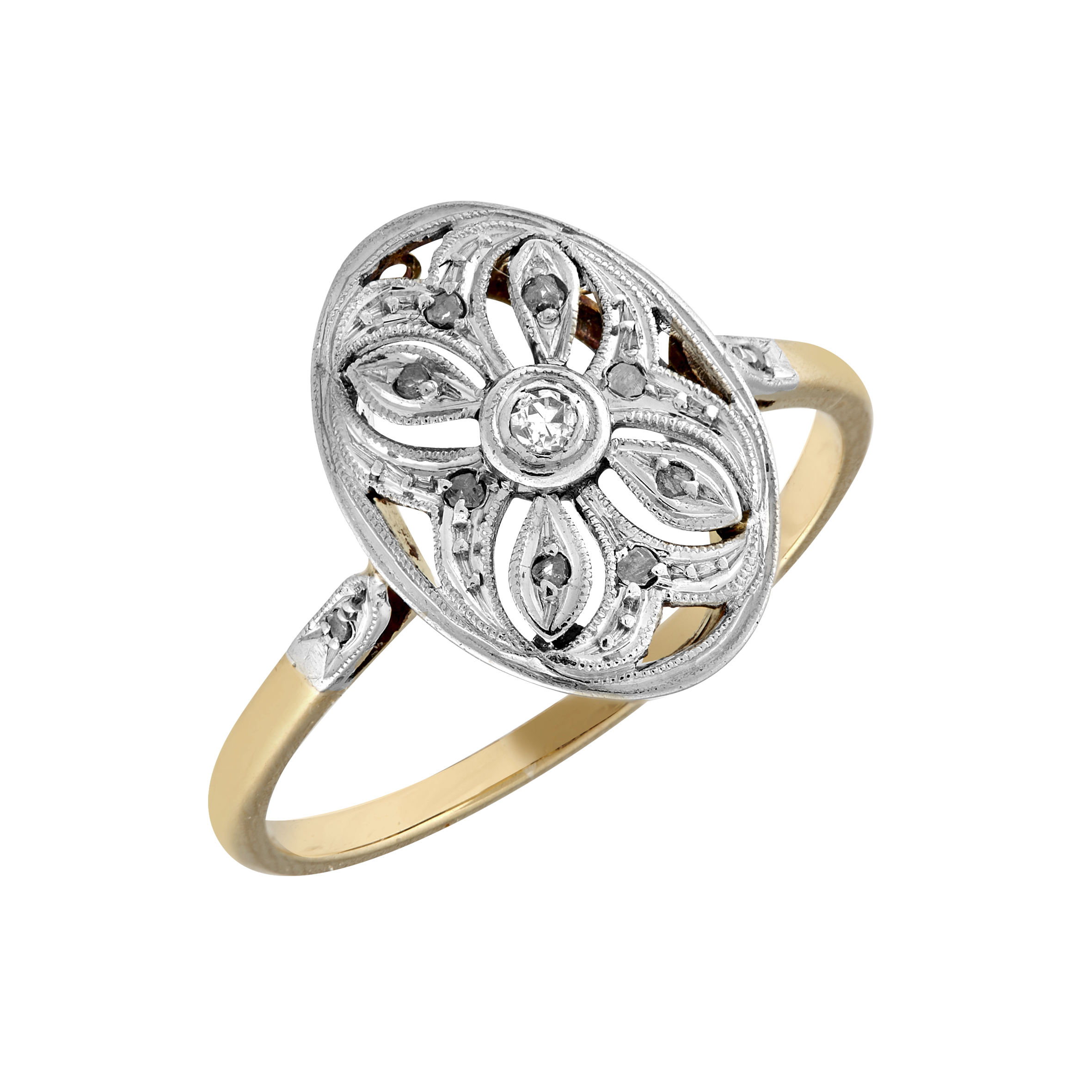 Bague ovale ajourée fleur diamants vers 1920 Gerphagnon