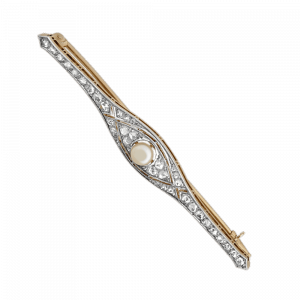 Broche barrette perle fine et diamants taille rose fin XIXe