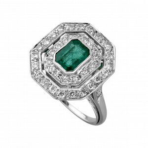 Bague octogonale émeraude taille émeraude et brillants