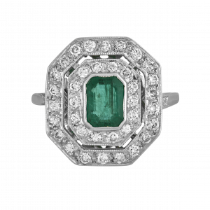 Bague octogonale émeraude taille émeraude et brillants