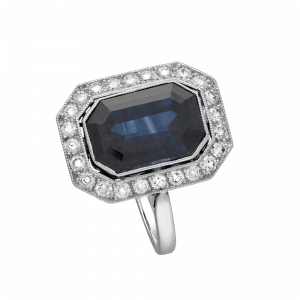 Bague rectangle pans coupés saphir et diamants vers 1920