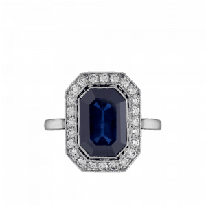 Bague rectangle pans coupés saphir et diamants vers 1920