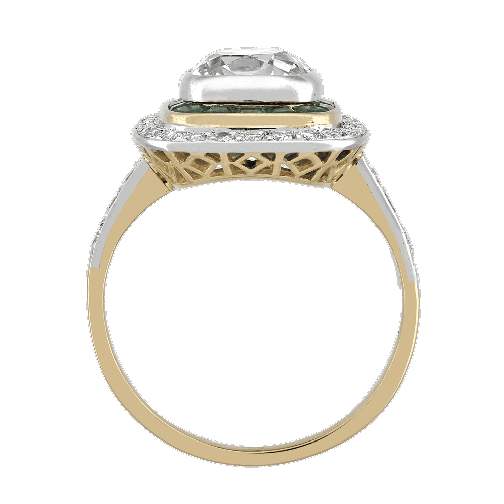 Bague coussin diamants 3.20 carats et émeraudes calibrées vers 1925 Gerphagnon