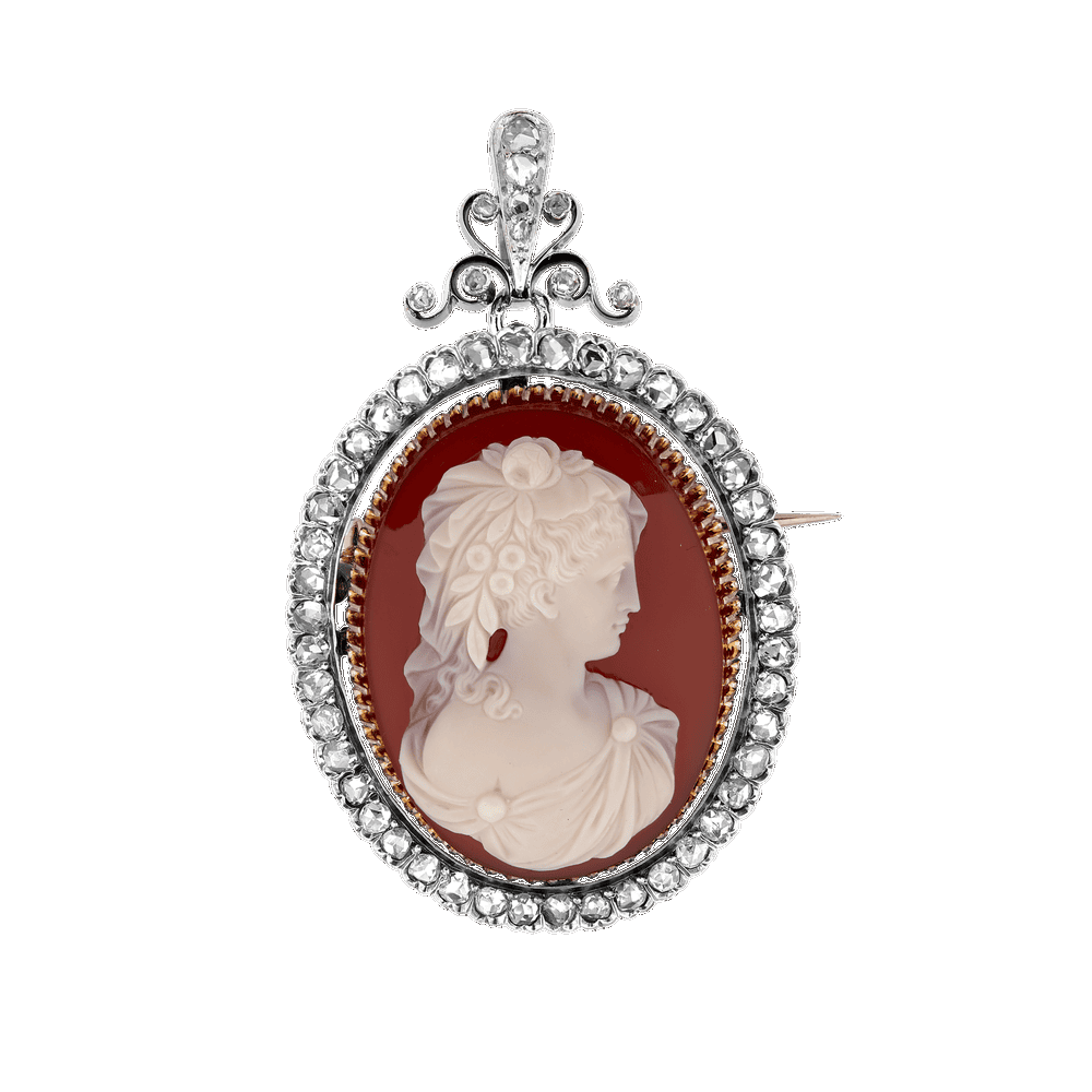 Pendentif broche camée dur roses de diamants vers 1860 Gerphagnon