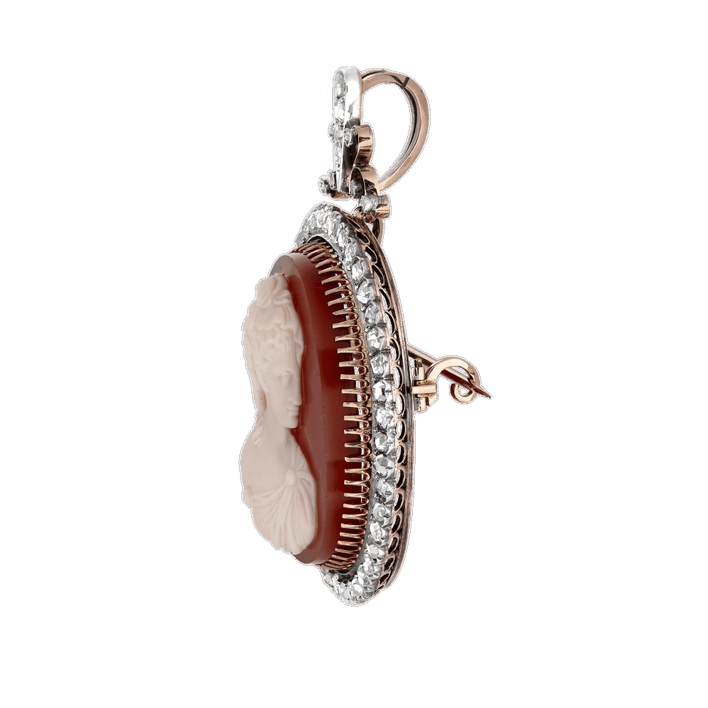 Pendentif broche camée dur roses de diamants vers 1860 Gerphagnon